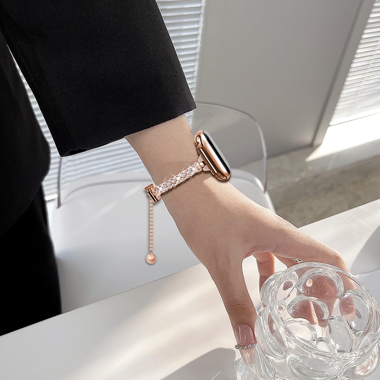 Stainless Steel Apple Watch Band for Women - Bling Diamond Rhinestone Link Bracelet Compatible with Series 9/8/SE/7/6/5/4/3/Ultra 2/1 (38mm 40mm 41mm 42mm 44mm 45mm 49mm) - Perfect for Work, Parties & Everyday Wear