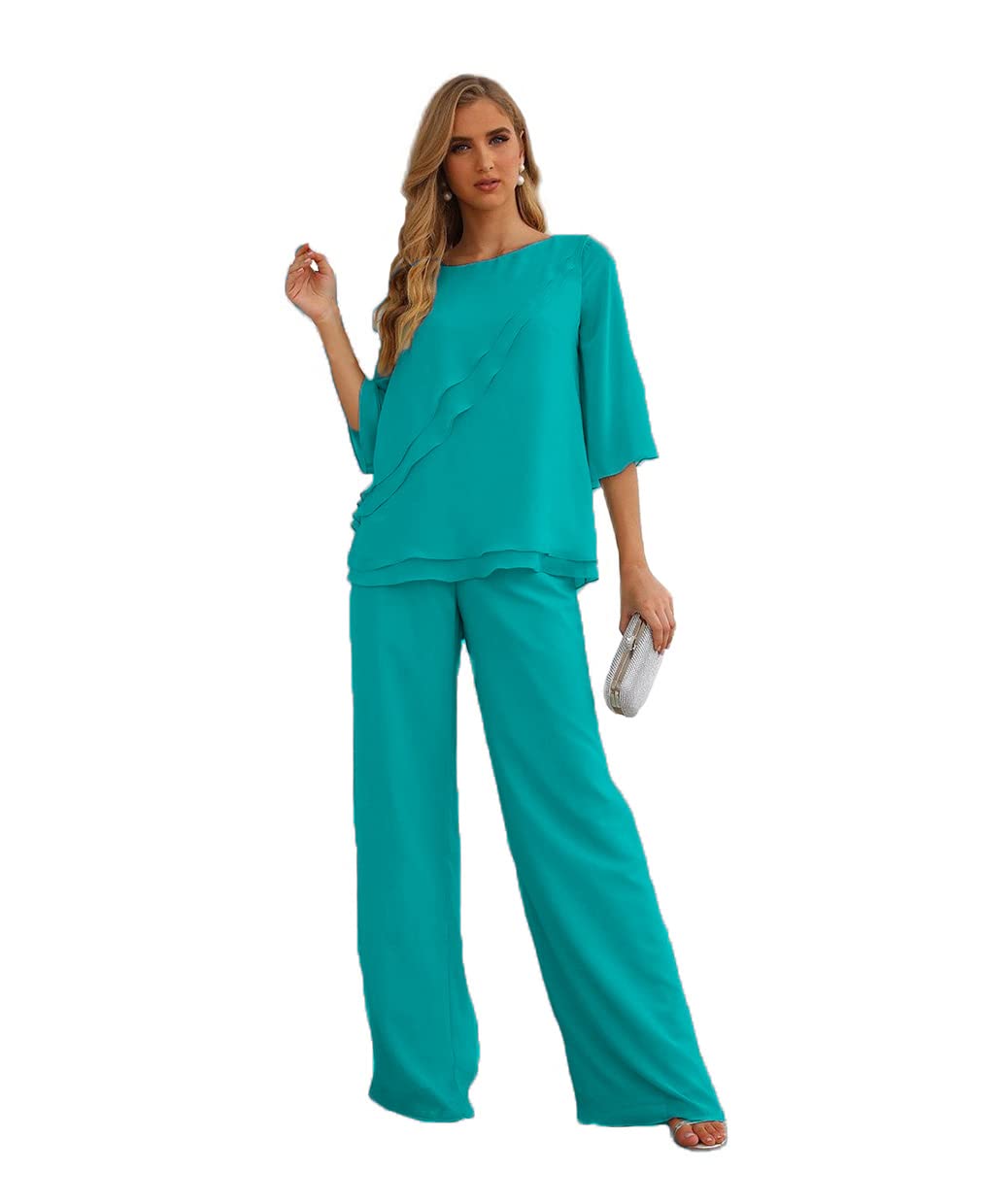 Elegant Women's Chiffon Half Sleeve 2-Piece Pant Suit Set for Mother of The Bride & Wedding Guests | Formal Occasions, Special Events & Evening Parties