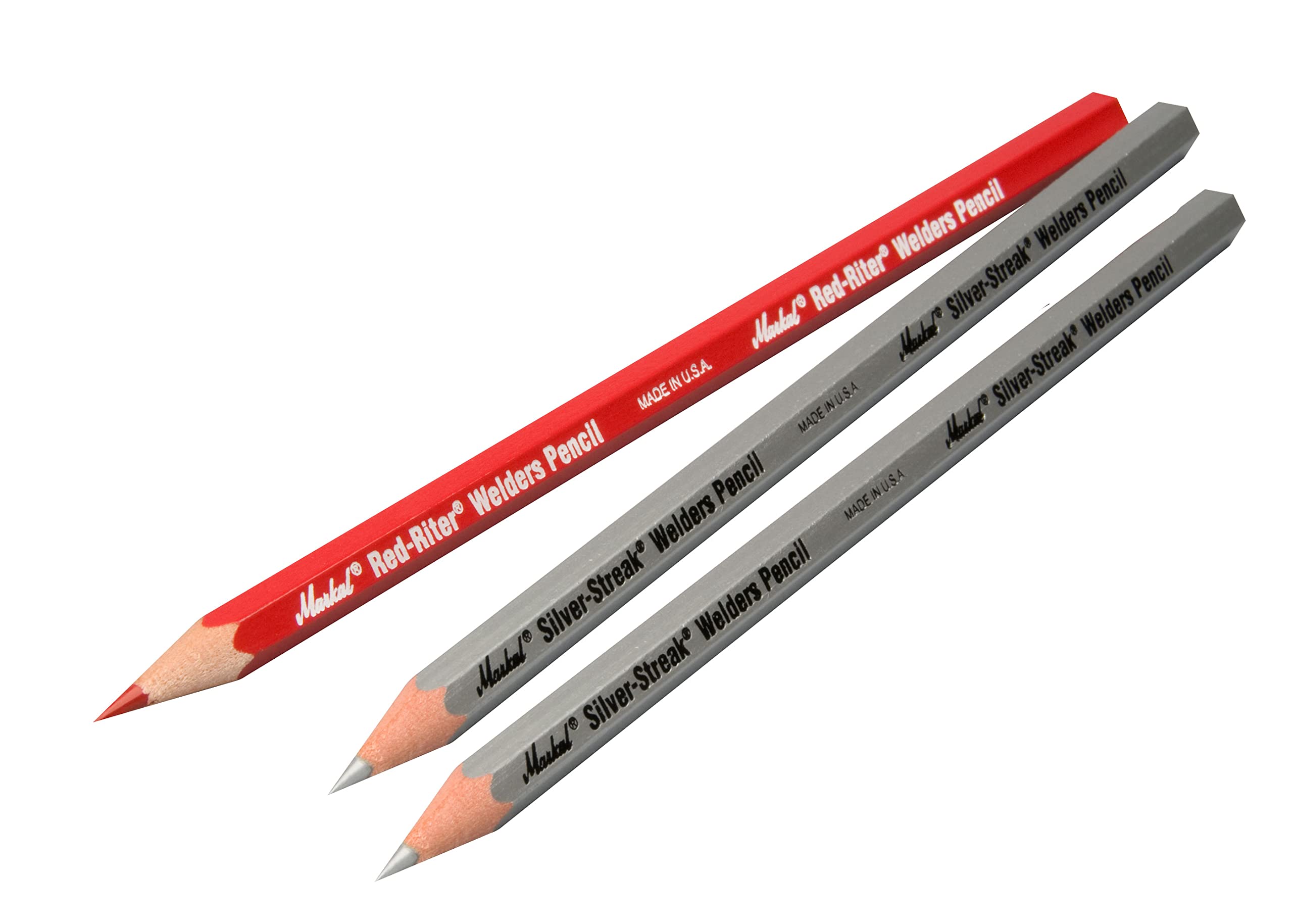 Markal 96105 Red-Riter & Silver-Streak Welder Pencils - 1 Red & 2 Silver Industrial Marking Pencils for Metal, Welding & Fabrication | High-Temp Resistant Tools for Construction, Automotive & DIY Projects