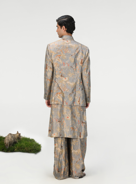 Elegant Bandhgala Silk Brocade Jacket - Monsoon Cloud Design - Perfect for Weddings & Festive Occasions