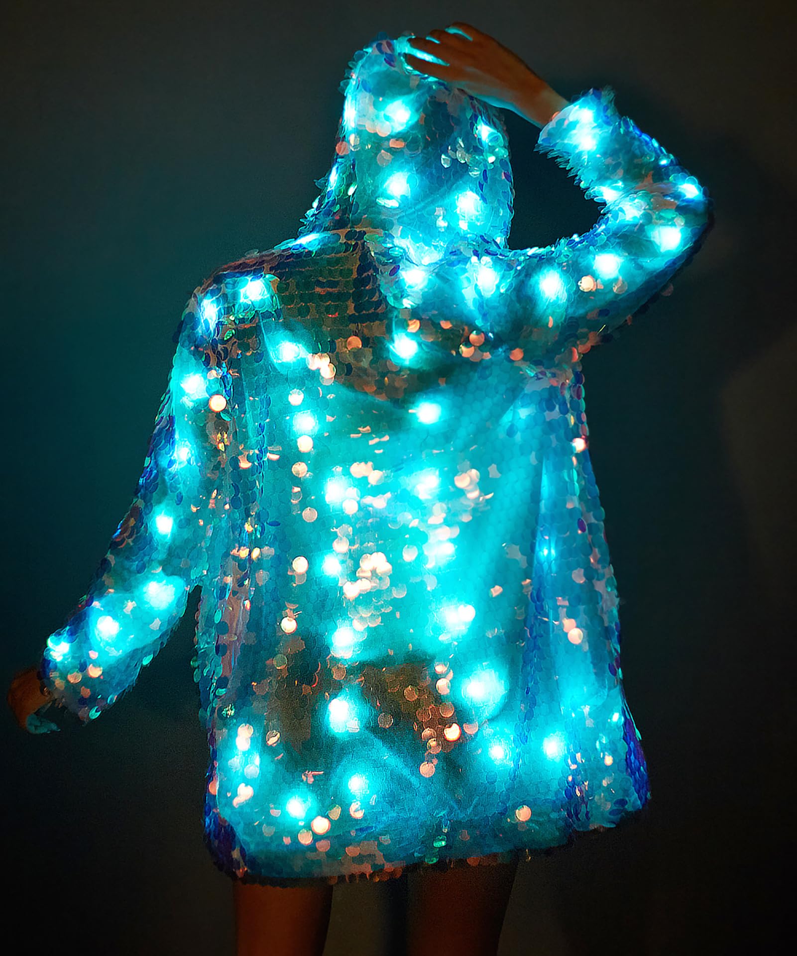 LED Light Up Sequin Jacket for Women - Sparkly Coat with LED Lights for Rave, Festival & Party Outfits - Perfect for Halloween, Concerts, Nightclubs and Special Events
