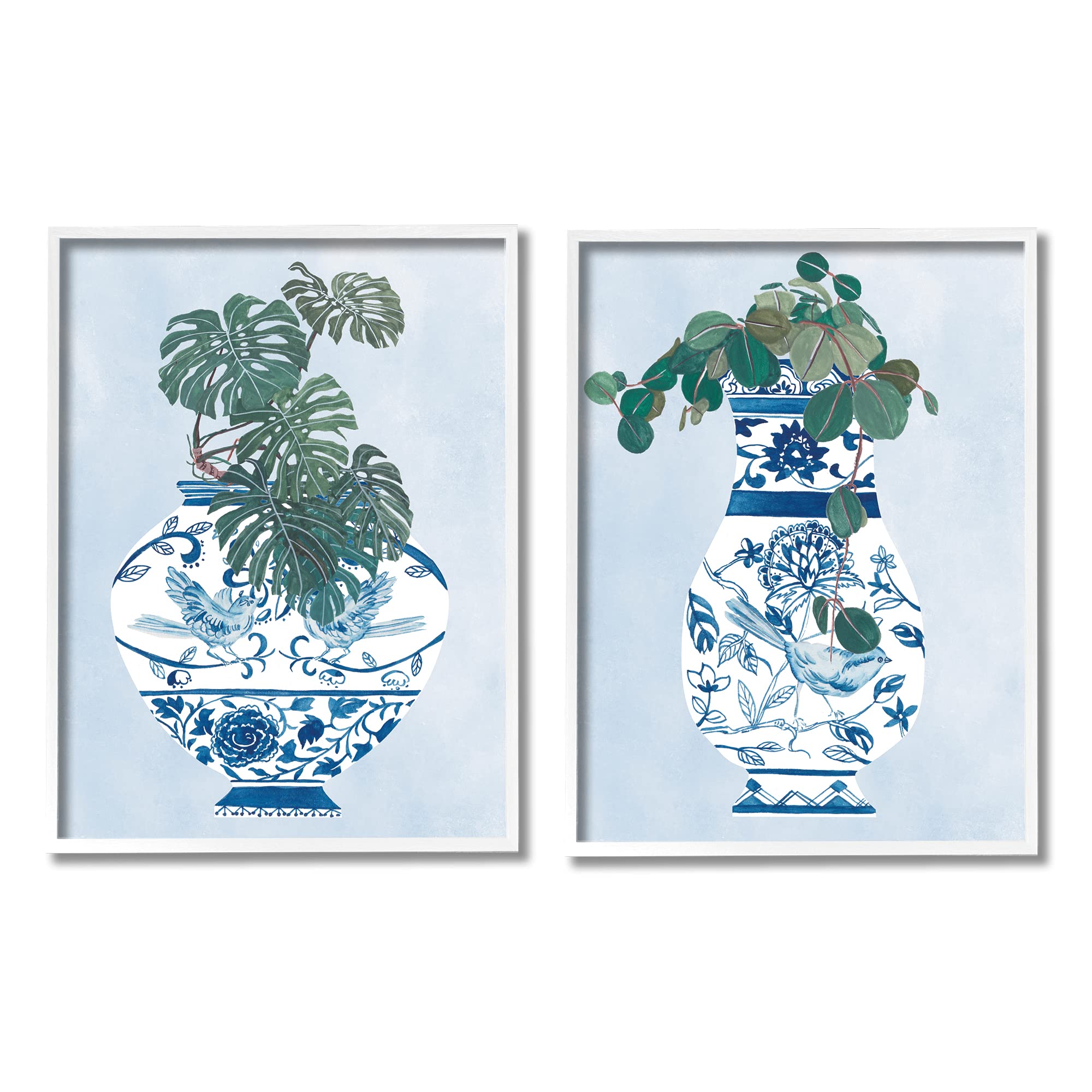 Elegant Indoor Plant Still Life Wall Art - Blue Vases White Framed Canvas Print Set of 2 (24x30 inches) by Stupell Industries | Perfect for Living Room, Bedroom & Office Decor