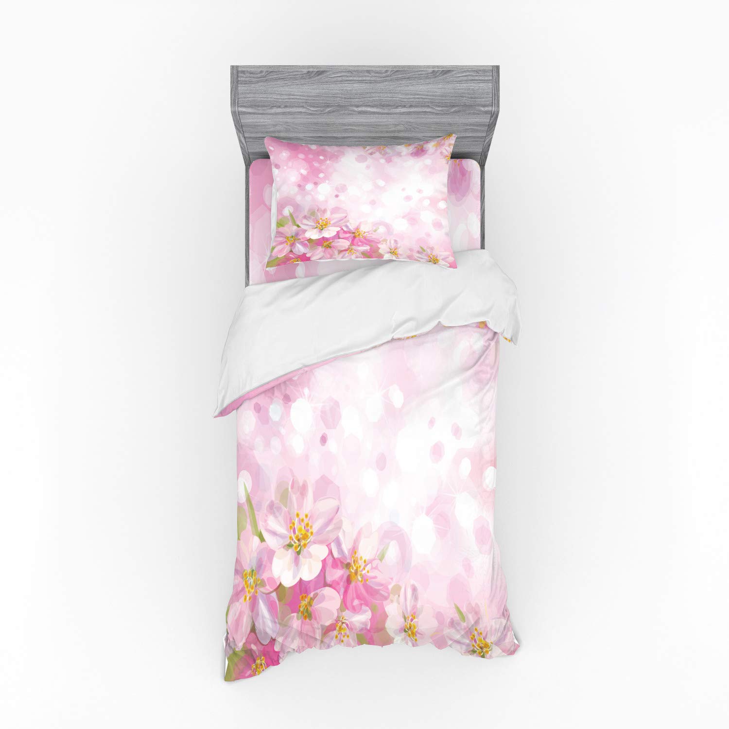 Ambesonne Rose Bedding Set - 3 Piece Duvet Cover with Sham & Fitted Sheet, Twin XL Size, Blossoming Cherry Blossom Floral Design in Rose Yellow & Green | Spring Home Decor, Bedroom Refresh, Gift for Her
