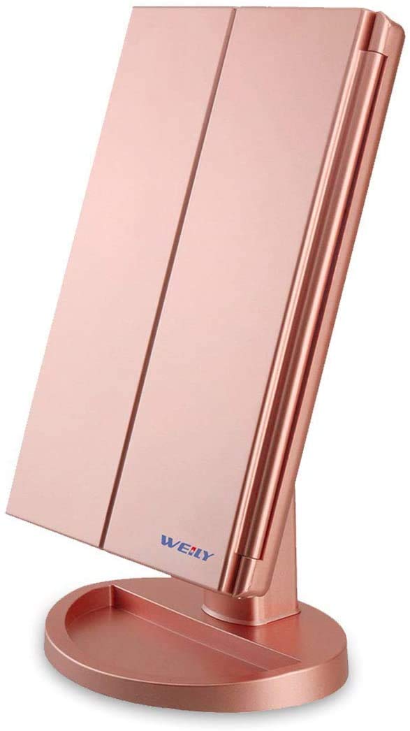 WEILY 21 LED Lighted Makeup Mirror with Touch Screen, 1x/2x/3x Magnification & Dual Power Supply - Tri-Fold Vanity Mirror for Makeup, Skincare, Shaving (Rose Gold) - Perfect for Bedroom, Bathroom & Dressing Table