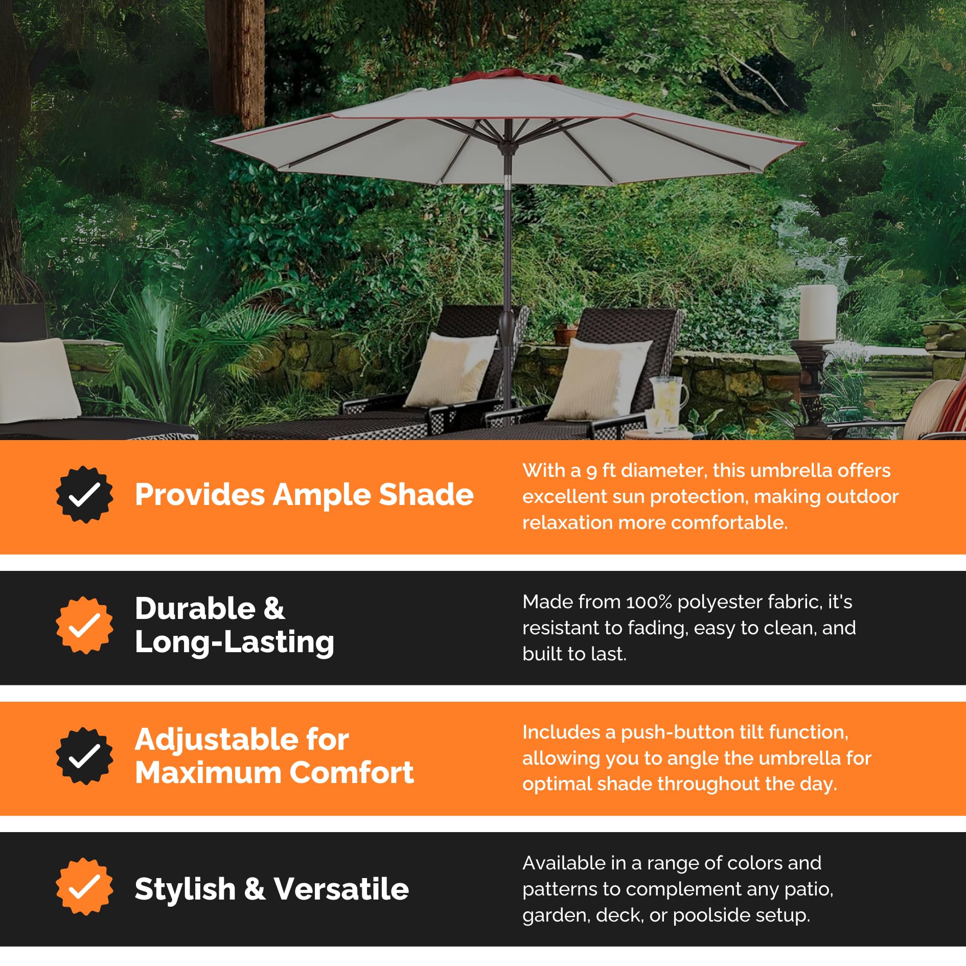 9FT Beige Terracotta Outdoor Patio Umbrella - Fade Resistant, Easy Crank Open & Push Button Tilt - Perfect for Backyard, Poolside, and Beach Use
