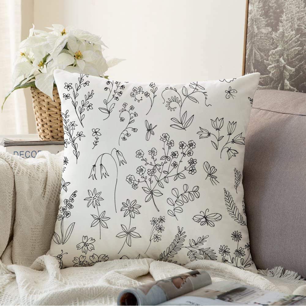 Starolal 18x18 Inch Throw Pillow Covers - Decorative Floral Line Drawing with Plants & Insects, Black & White Nature Textures, Soft Square Cushion Covers for Sofa, Bed, Living Room Decor | Perfect for Home, Office & Gift Giving