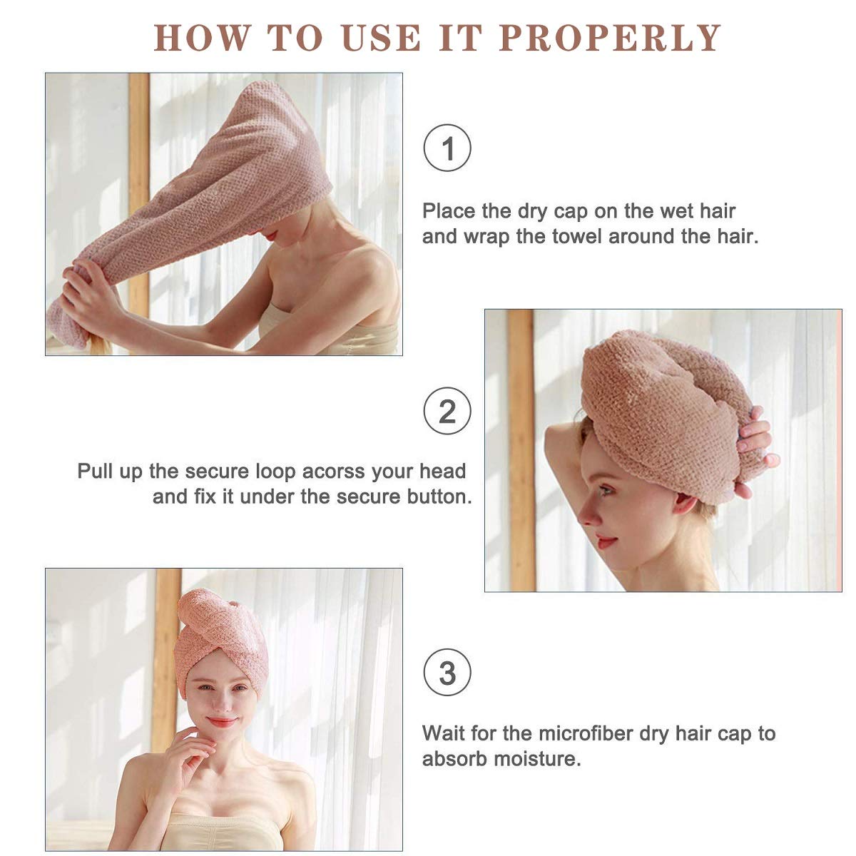 **Microfiber Hair Towel Wrap for Women - Super Absorbent Hair Turban for Curly, Long & Thick Hair - Quick Dry & Frizz Control (Pink & Khaki) - Perfect for Post-Shower, Salon & Travel Use**