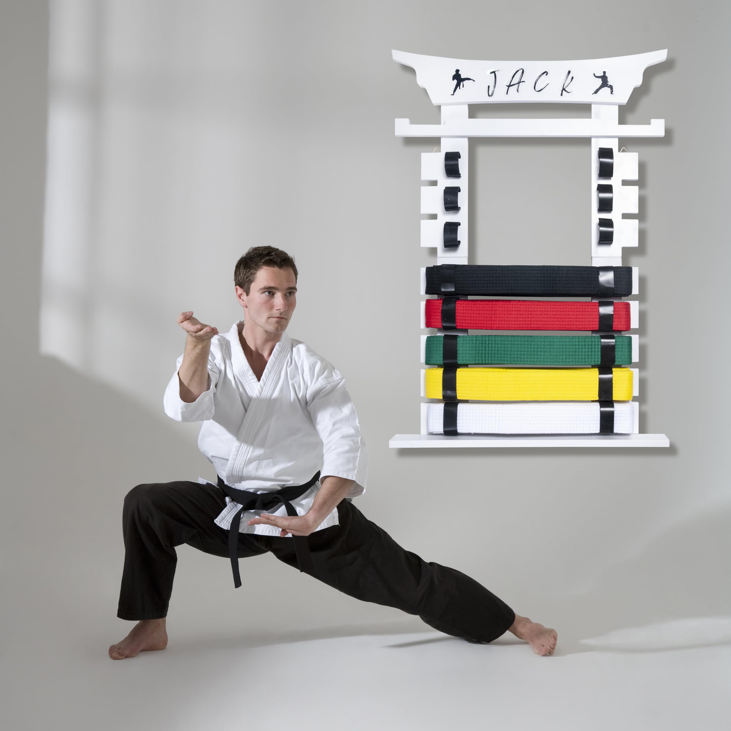 Black Wall Mounted Karate Belt Display Rack with Medal Hanger & Stickers - 8 Belt Taekwondo Holder for Kids & Adults - Perfect for Dojo, Gym & Home Martial Arts Decor