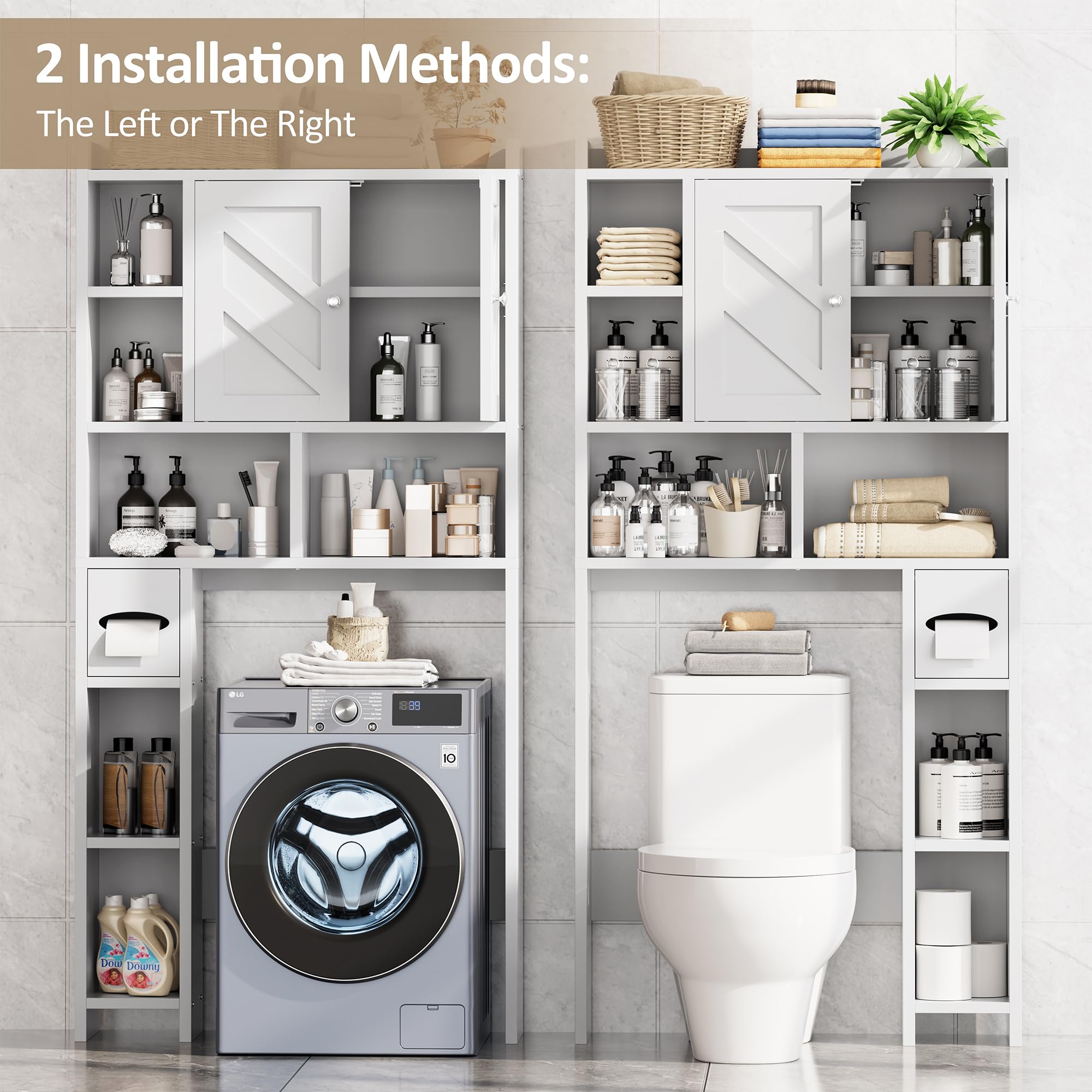Meilocar Over The Toilet Storage Cabinet - Freestanding Farmhouse Bathroom Organizer with Adjustable Shelf & Toilet Paper Holder, White | Space-Saving Storage for Small Bathrooms, Apartments & Powder Rooms