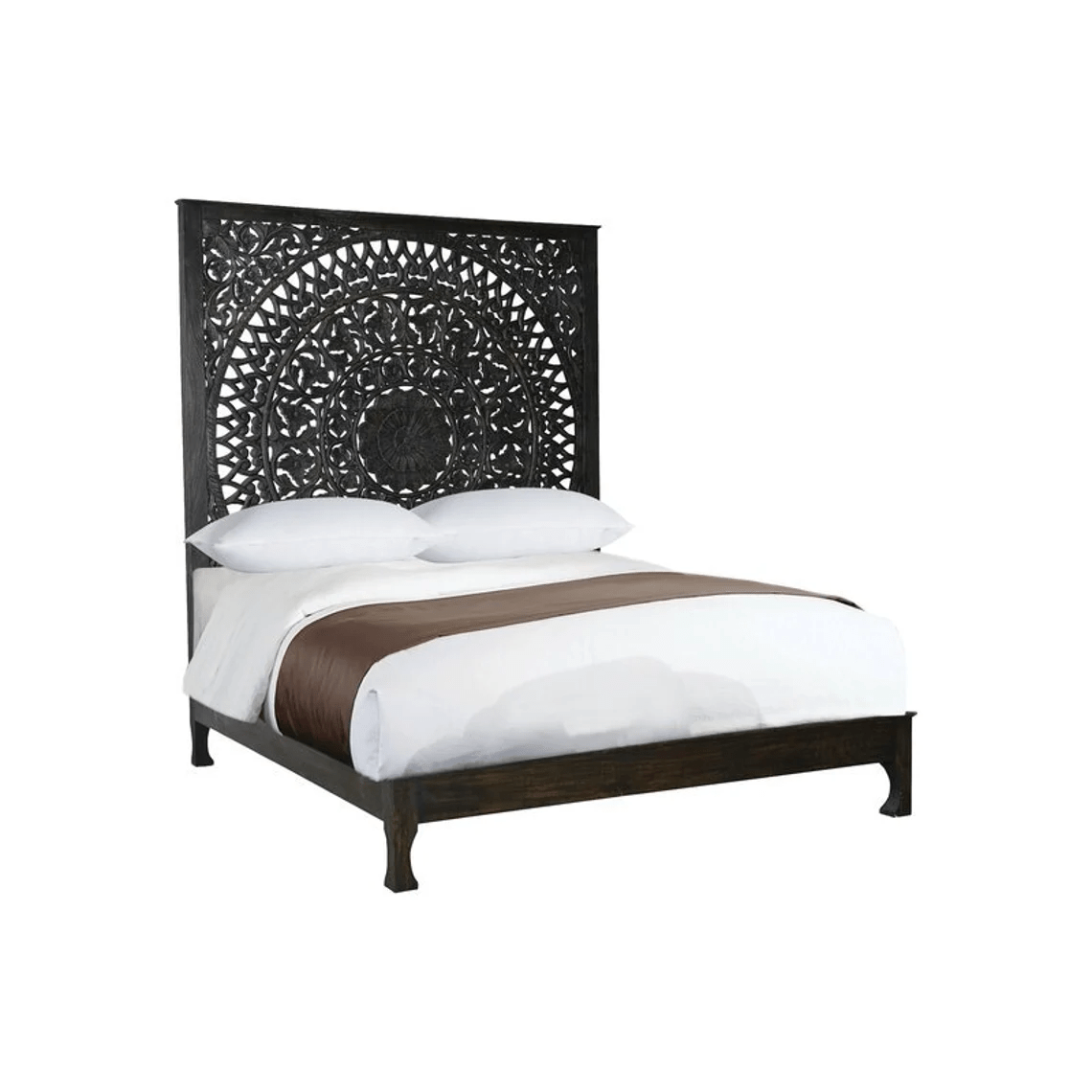 Hand Carved High Headboard Platform Bed Frame in Black - Solid Wood Indian Style Bedroom Furniture for Master Bedroom & Guest Room
