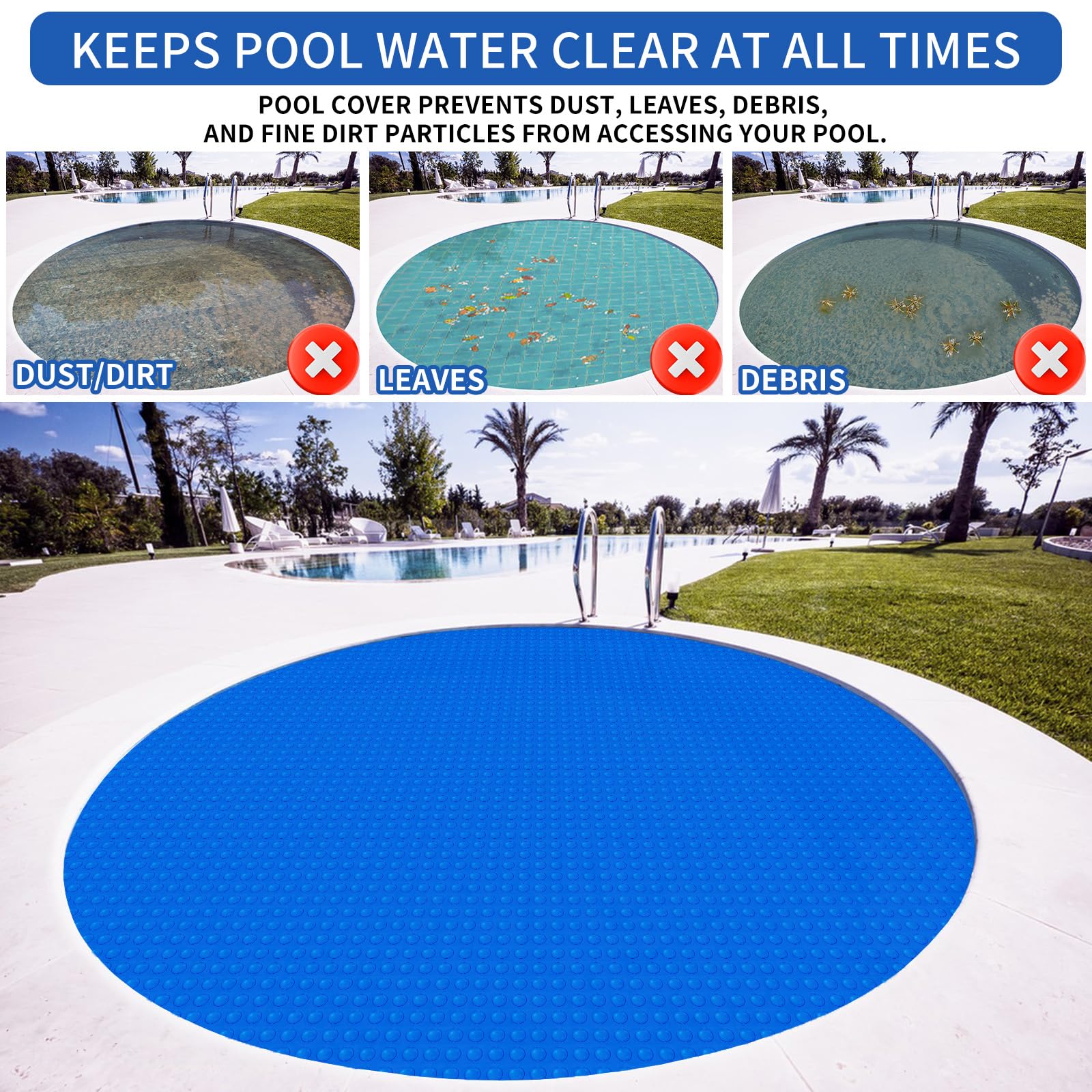 15 Ft Solar Pool Cover - Round Inground & Above Ground Swimming Pool, Hot Tub & Spa Thermal Blanket - Bubble Insulation for Heat Retention & Energy Savings - Perfect for Summer, Winter & Year-Round Use