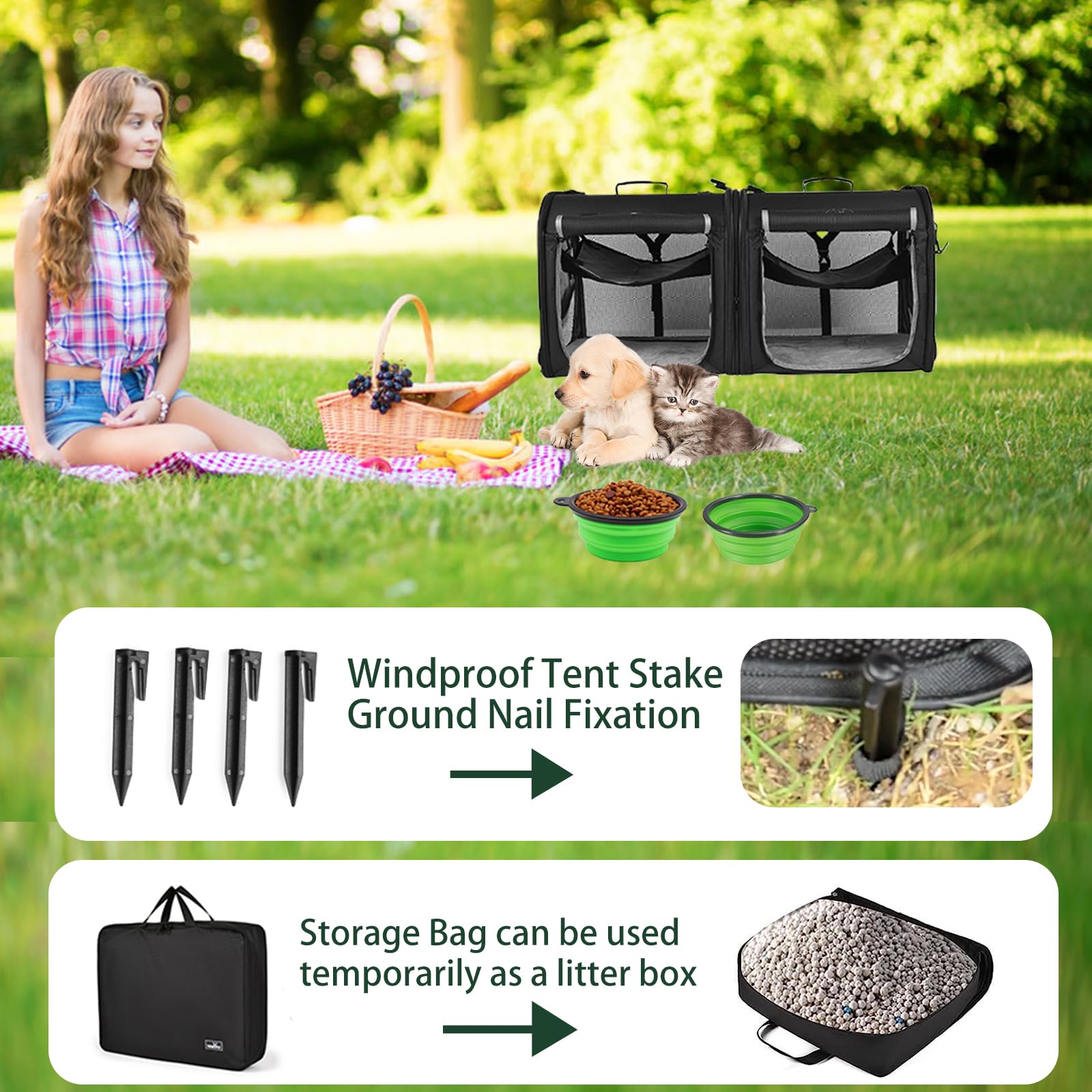 2-in-1 Portable Pet Carrier for Medium Dogs & Large Cats - Double Compartment Travel Crate with Carry Bag, Hammock, Mats & Bowls - Perfect for Camping, Hiking & Outdoor Adventures