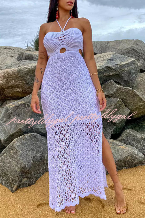 Elegant Sunset Beach Stroll Knit Texture Cutout Detail Halter Stretch Maxi Dress - Perfect for Summer Vacations, Beach Weddings & Boho Chic Outfits