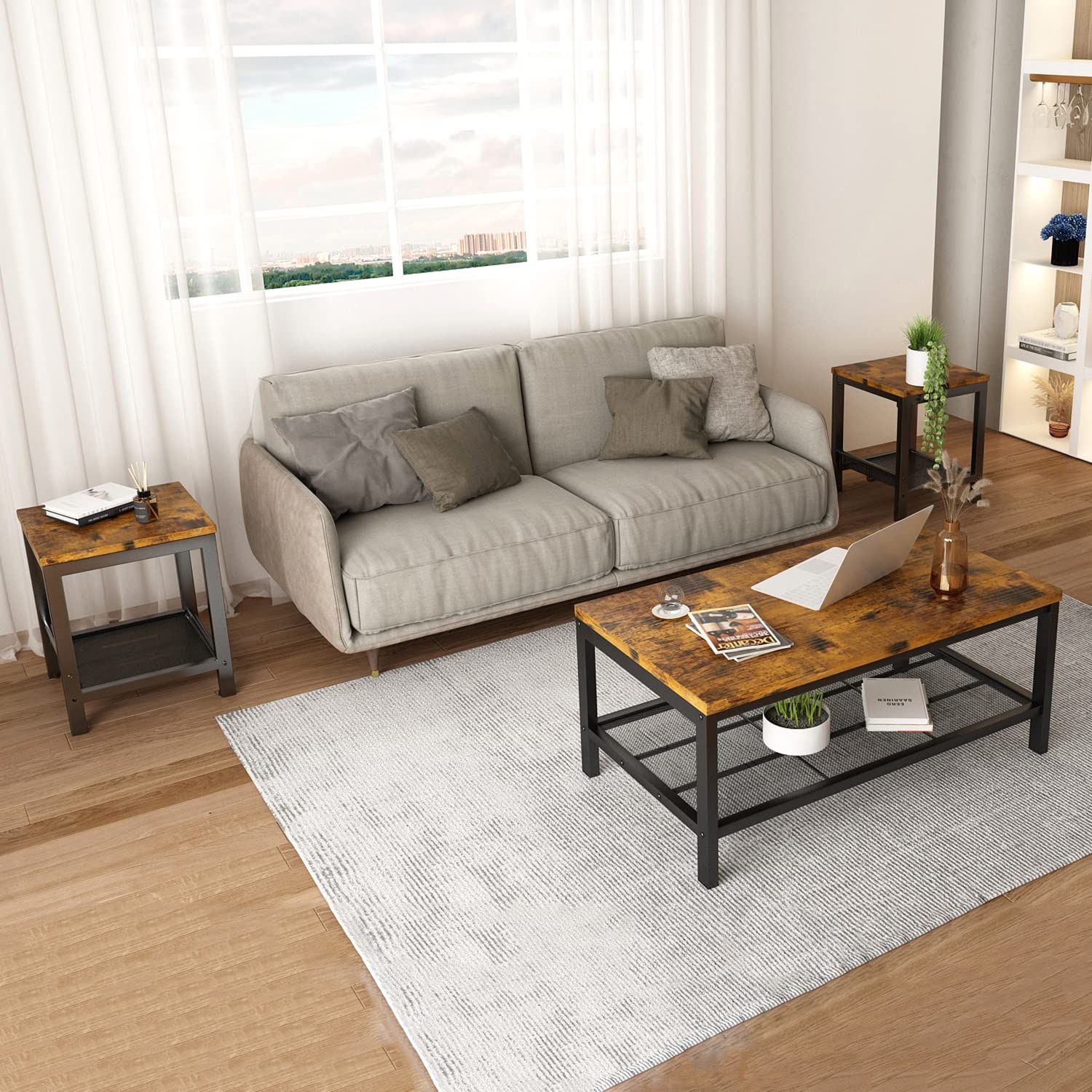 Lamerge 3-Piece Industrial Coffee Table Set with Metal Frame - Rustic Brown Living Room Tables (Coffee Table + 2 Square End Tables) for Apartment, Home Office & Modern Farmhouse Decor | Perfect for Small Spaces, Entertaining Guests & Stylish Home Furnishing