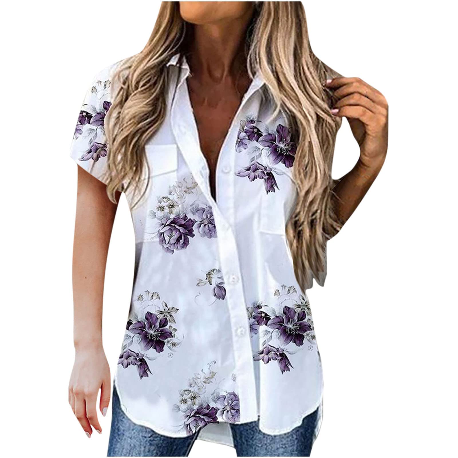 Women's Summer Tops - Veck Lapel Print Button Front Cardigan Short Sleeve Blouse | Loose Flowy Shirt for Casual Wear, Office, Beach & Vacation Outfits