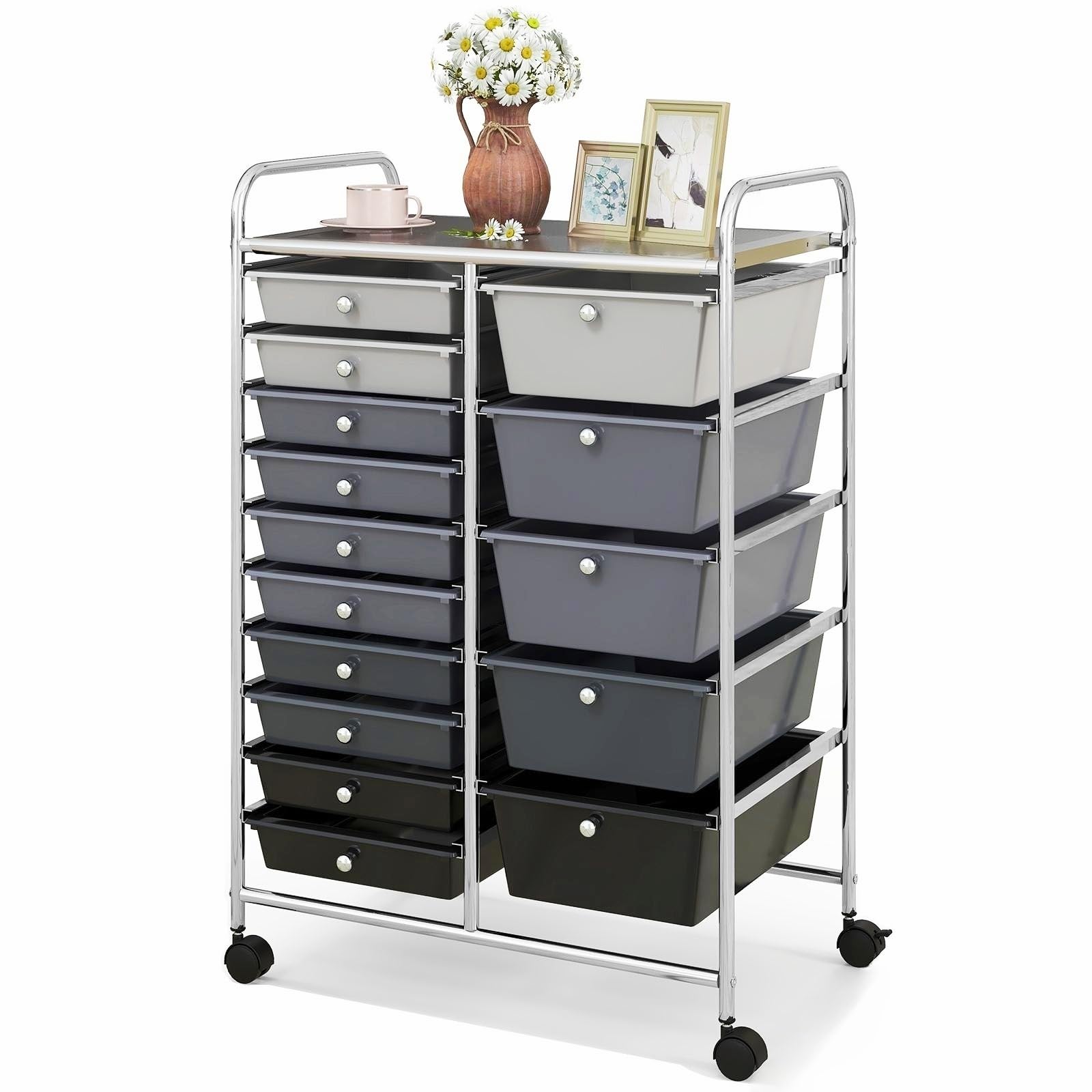KOTEK 15-Drawer Rolling Storage Cart with 4 Wheels - Multipurpose Mobile Utility Organizer for Home, Office & School - Perfect for Tools, Scrapbook Paper & Craft Supplies (Grey & Black) - Ideal for Craft Rooms, Workshops & Classroom Organization