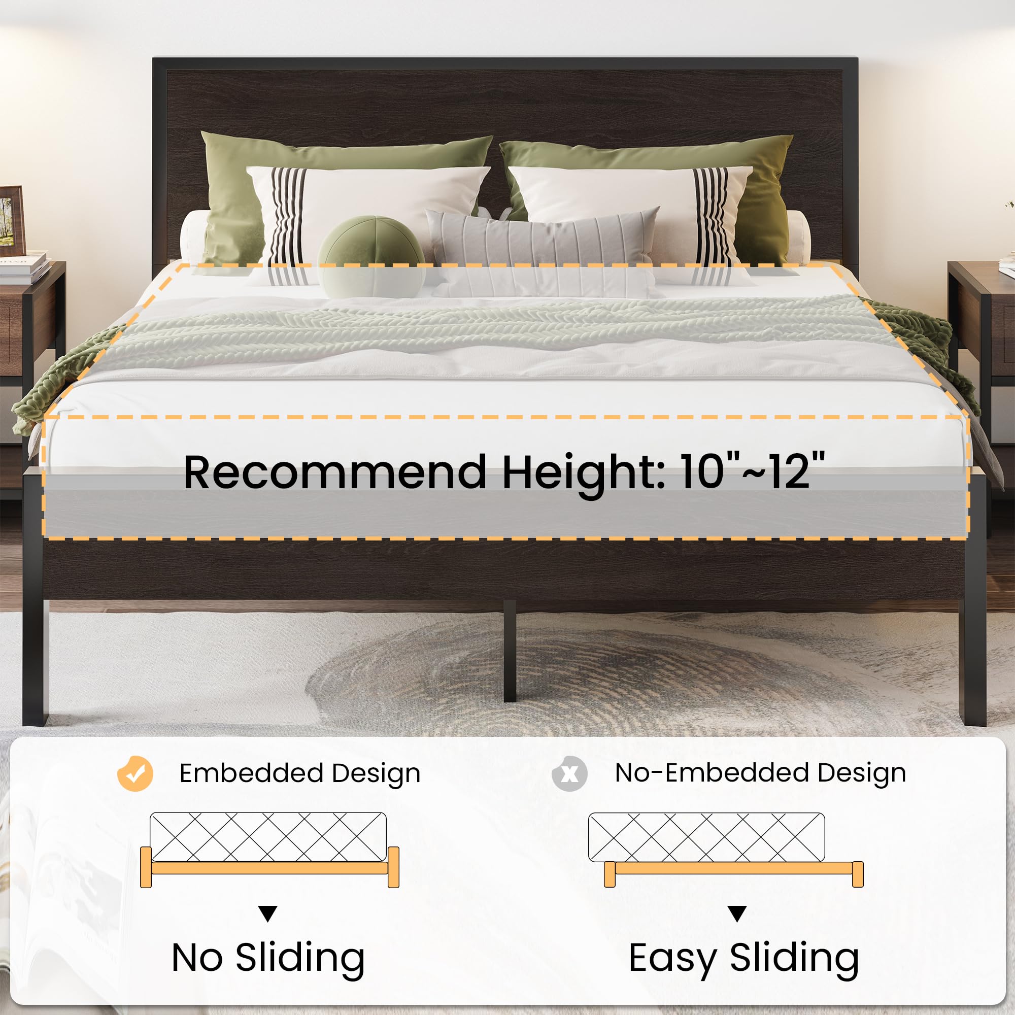 SHA CERLIN Full Bed Frame with Headboard - Heavy Duty Metal Platform Base with Under-Bed Storage, No Box Spring Needed - Easy Assembly, Black Oak Finish - Perfect for Small Bedrooms, Guest Rooms & Dormitories