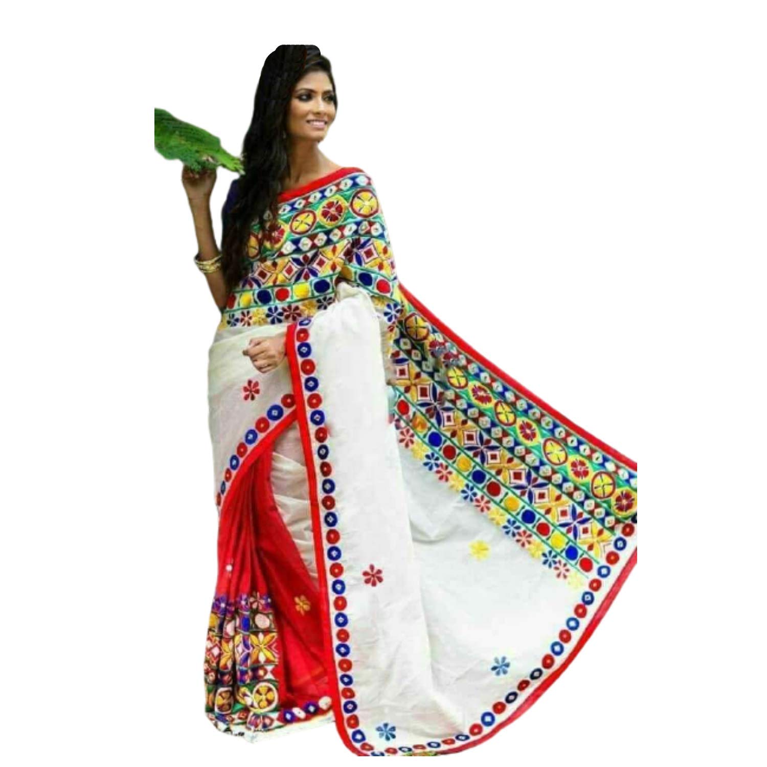 Handmade Indian Women's Cotton Silk Saree with Wool Embroidery & Mirror Work | Traditional Ethnic Saree for Weddings, Festivals & Cultural Events