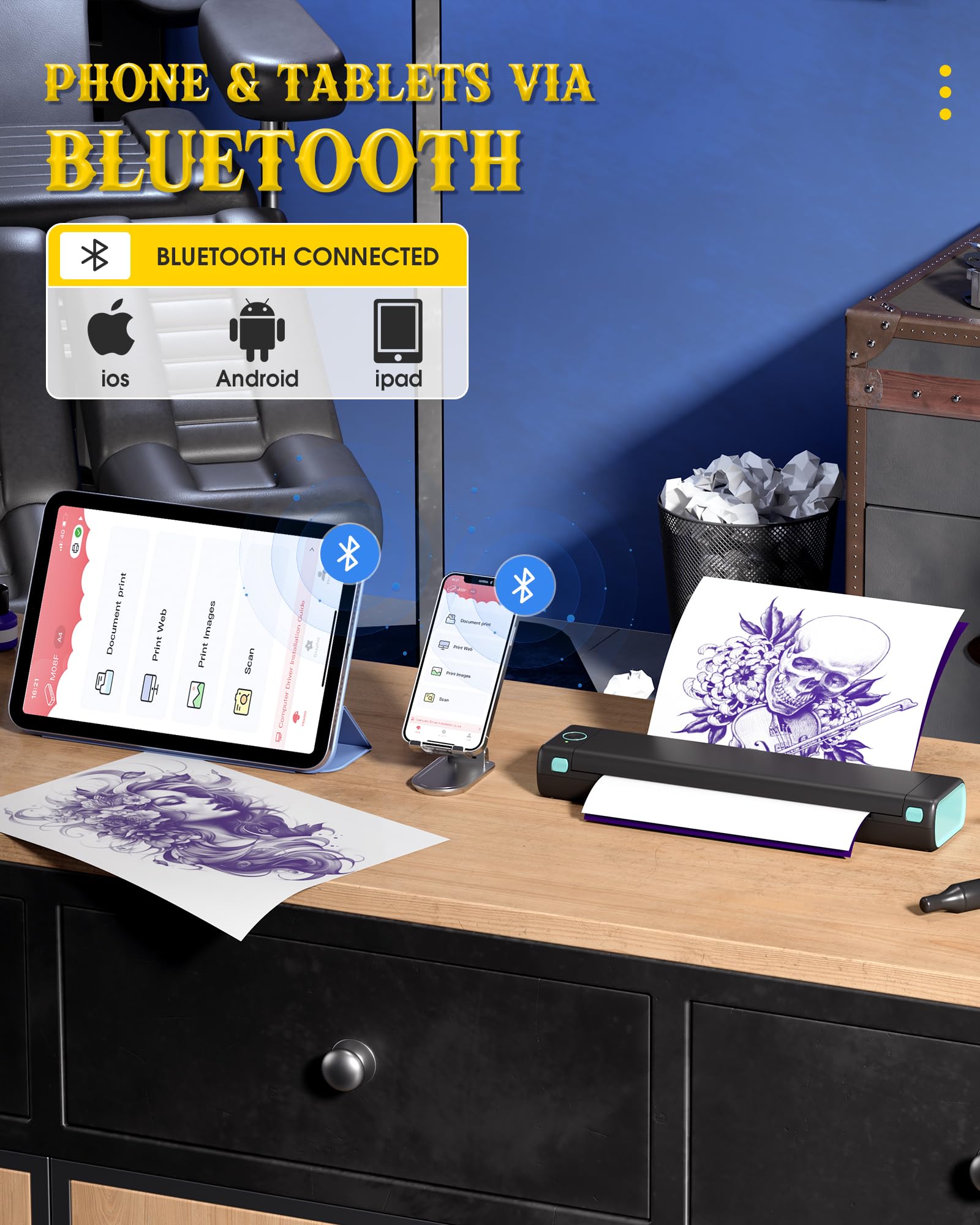 Itari M08F Wireless Tattoo Stencil Printer - Bluetooth Thermal Transfer Machine for Tattoo Artists with 10pcs Transfer Paper, Smartphone & PC Compatible - Perfect for Tattoo Shops, Home Studios & Professional Tattooing (Black)