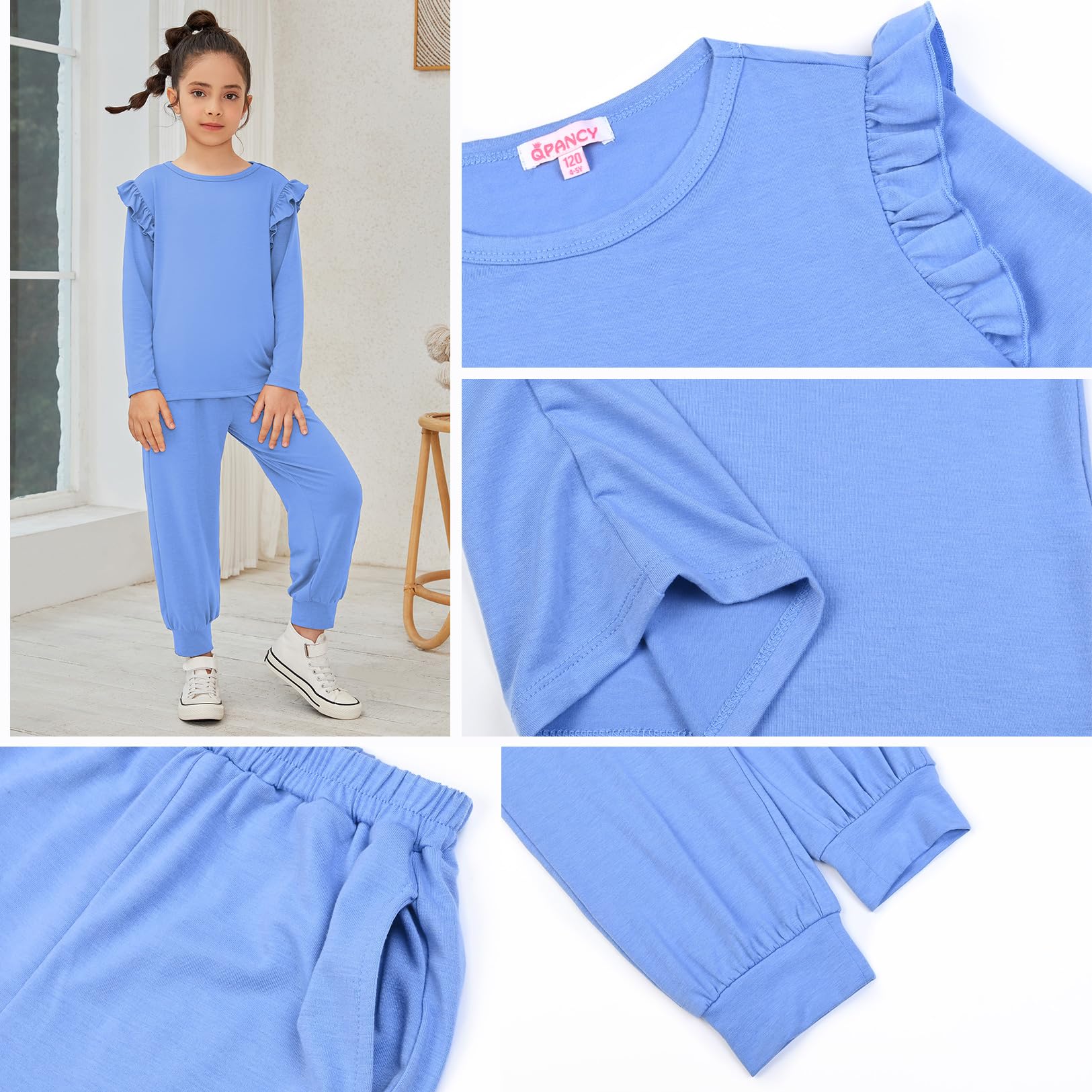 QPANCY Girls 2-Piece Tracksuit Set - Stylish Ruffle Pullover Sweatshirt & Comfortable Sweatpants for Kids | Perfect for School, Playdates & Casual Outings