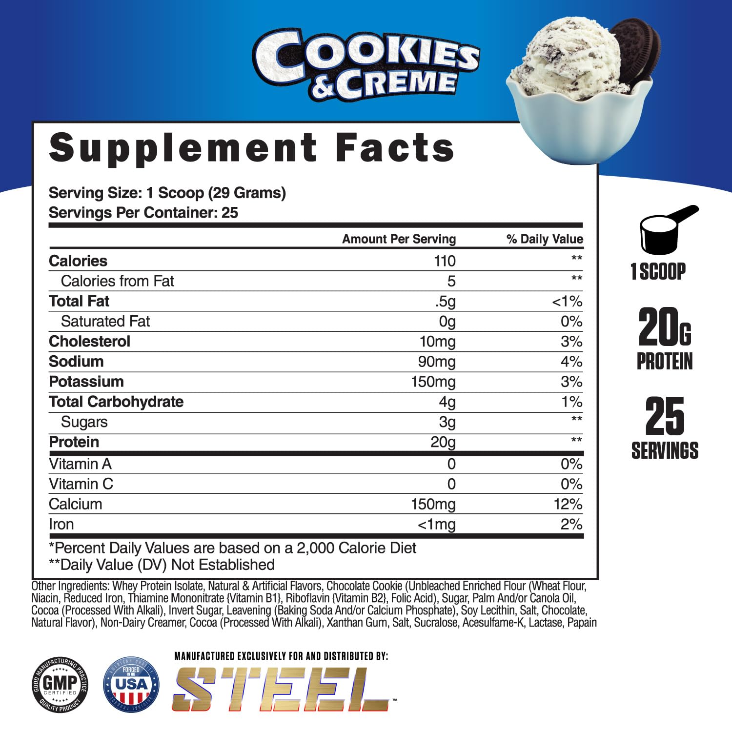 Steel Supplements Whey-Iso Whey Isolate Protein Powder - Fast Absorbing for Lean Muscle Growth | Easy Digestion & Low Carb | 25 Servings (Cookies & Creme) | Perfect for Post-Workout Recovery & Healthy Lifestyle
