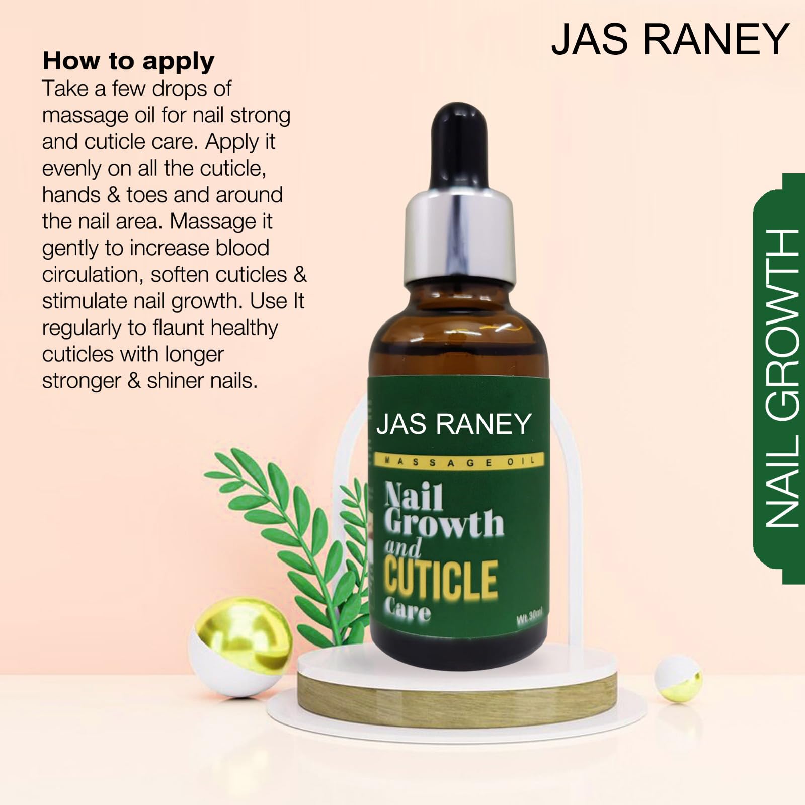 Jas Raney Nail Growth Oil & Cuticle Care Massager - Strengthening Treatment for Healthy Nails - Perfect for Manicure & Pedicure at Home or Salon