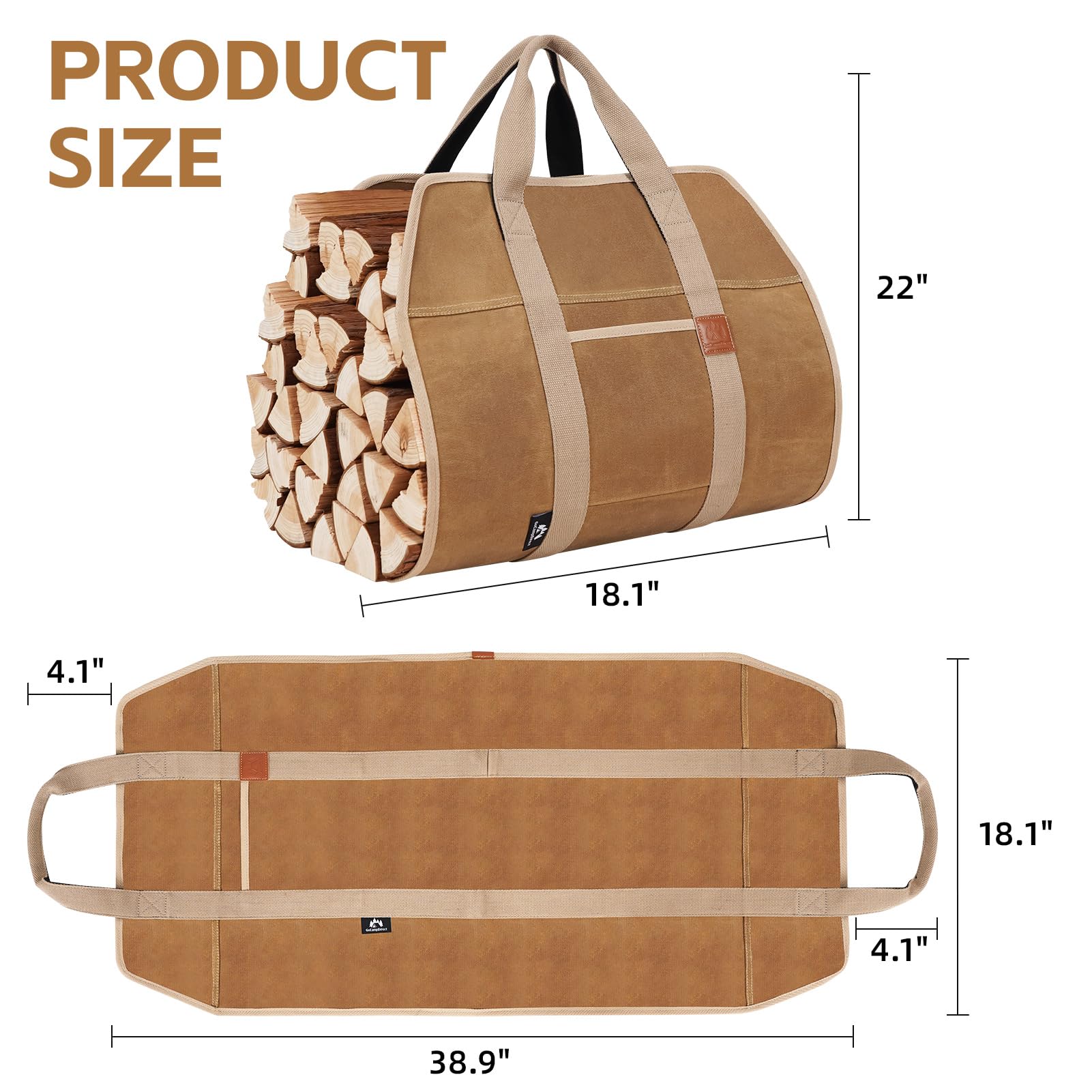 Heavy Duty Firewood Carrier with Handles - 39×18 Inch Waxed Canvas Log Tote Bag | Waterproof Firewood Holder for Camping, Fireplace & Indoor Use | Durable Wood Carrying Bag for Outdoor Adventures (Khaki) - Perfect for Camping Trips, Backyard Bonfires and Cozy Fireplace Nights