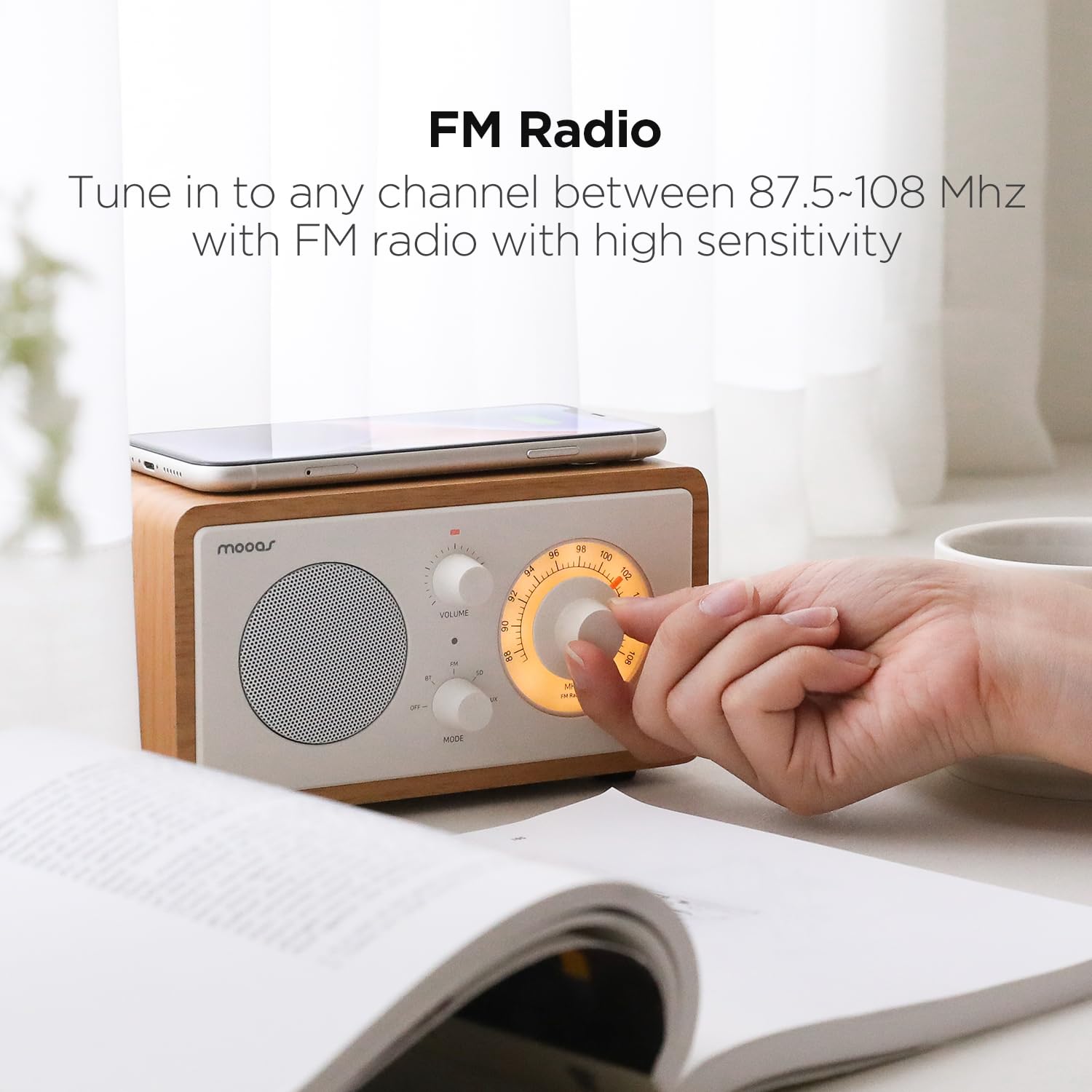 Mooas Retro Bluetooth Speaker with Wireless Charging - 10W Fast Charger, FM Radio, SD/Aux Input, Analog Volume Knob - Compatible with iPhone, Galaxy, Airpods, Galaxy Buds - Perfect for Home, Office & Outdoor Use