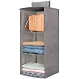 Hanging Closet Organizer - 3-Tier Collapsible Storage Shelves for Sweaters, Socks, Pants & Shoes | Space-Saving Wardrobe Organizer with Hooks & Loops | Perfect for Bedroom, Closet & Dorm Organization (Grey)