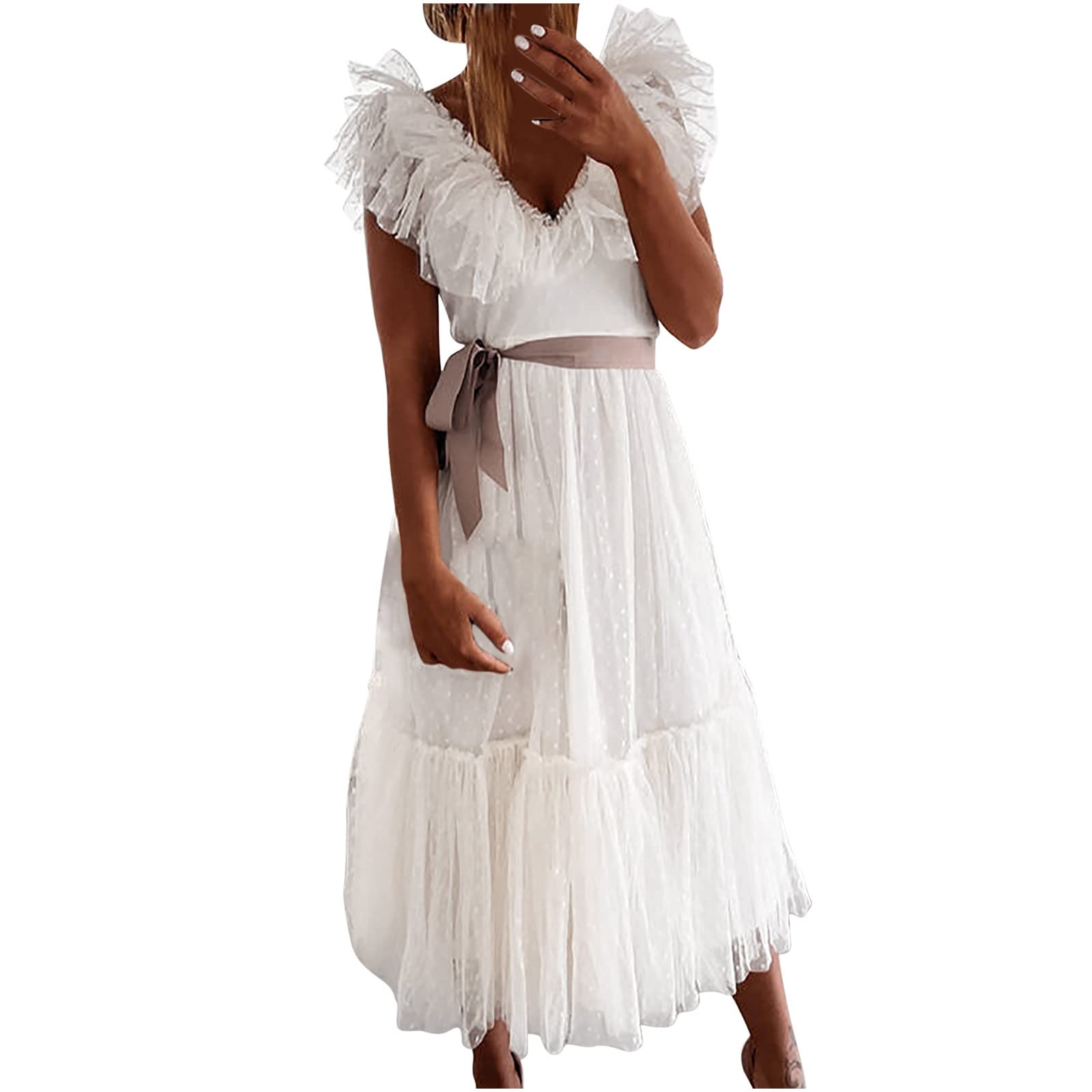Elegant Lace Mesh Deep V-Neck Wedding Guest Dress for Women - Flowy Ruffle Hem Midi Tutu Dress with Belt | Perfect for Cocktail Parties, Bridal Showers & Formal Events
