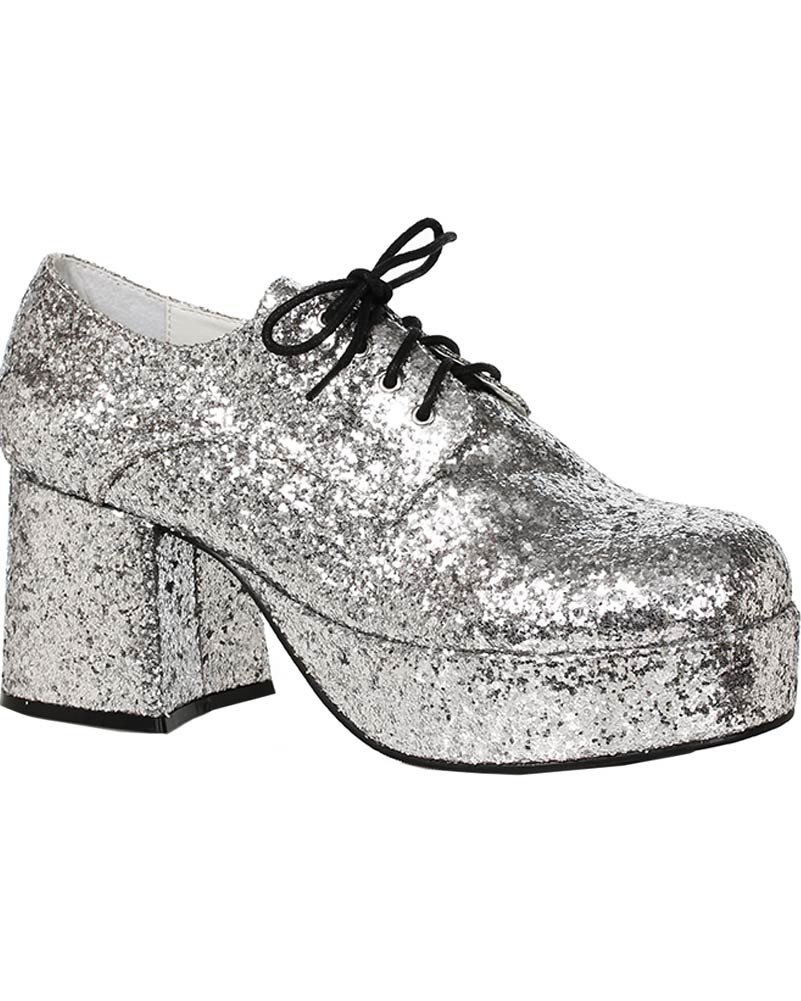 70s Disco Silver Glitter Platform Shoes for Men - Retro Party Footwear for Halloween, Costume Parties & Dance Events