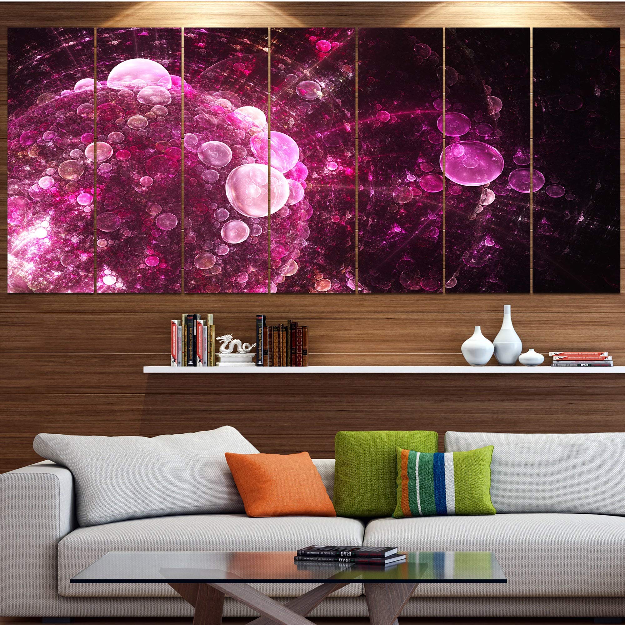 DESIGN ART 'Pink on Black World Bubbles' Modern Floral Canvas Wall Art - 60x28 Inch 5-Panel Painting for Living Room, Bedroom & Office Decor