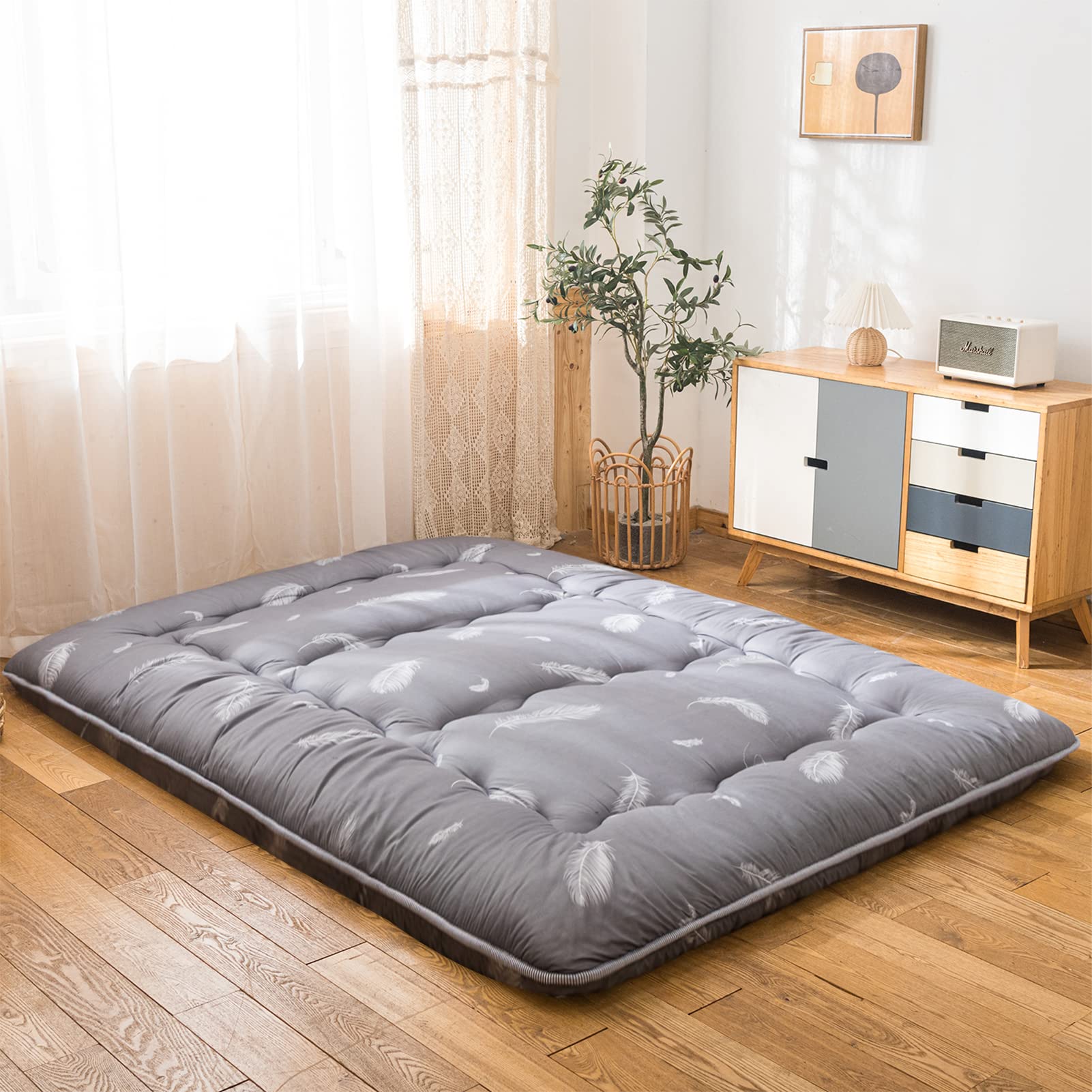 YOSHOOT Grey Feather Futon Floor Mattress - Thick Japanese Foldable Floor Bed for Adults | Queen Size with Canvas Storage Bag | Perfect for Camping, Guest Rooms & Small Spaces
