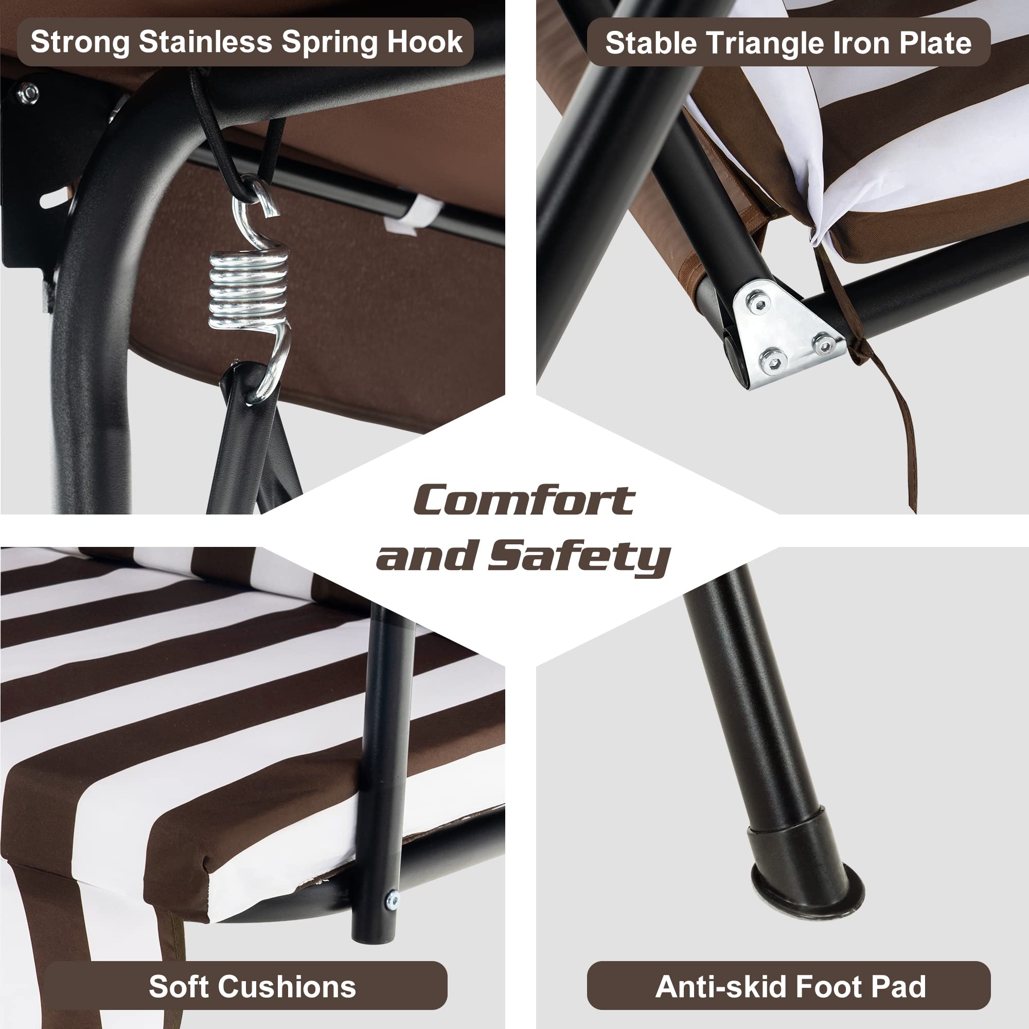 MCombo 2-3 Person Outdoor Patio Swing Chair with Canopy & Steel Stand - Removable Cushions, Weather-Resistant, for Backyard, Garden, Balcony, Porch (Brown with White Stripes) - Perfect for Relaxing, Lounging & Enjoying Summer Breezes