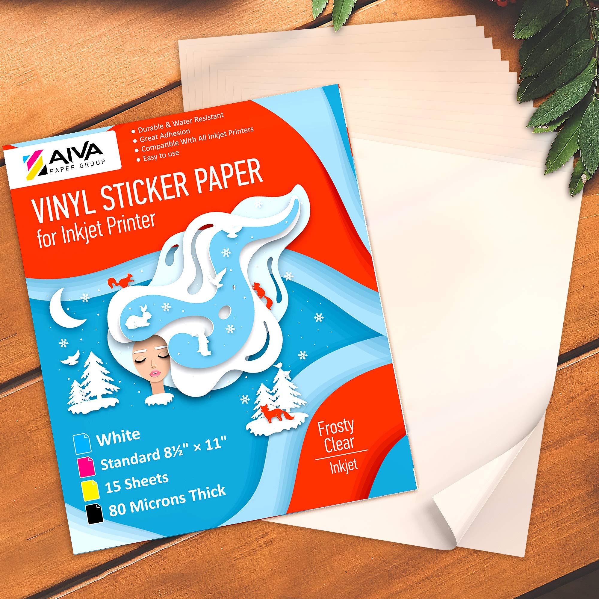 Waterproof Printable Vinyl Sticker Paper for Inkjet Printers - 15 Sheets Frosty Clear Semi-Transparent Self-Adhesive Decal Paper - 8.5