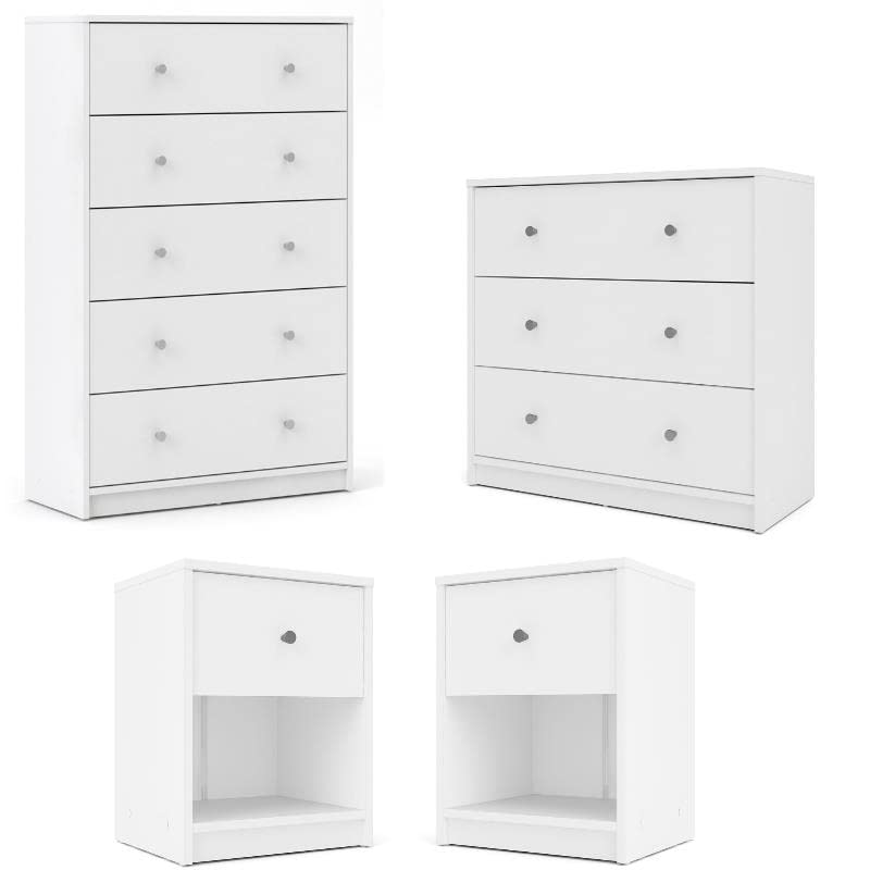 Home Square 4-Piece White Bedroom Set with Dresser Chest & 2 Nightstands - Perfect for Master Bedroom, Guest Room & Small Space Decor