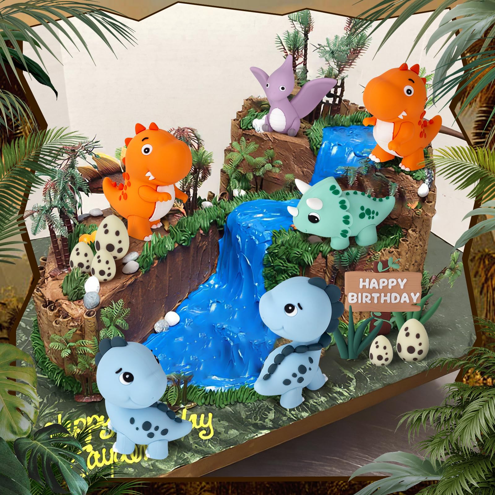 17PCS Dinosaur Cake Topper Set - Dinosaur Eggs, Leaves & Grass Decorations with Happy Birthday Sign - Safari Animal Theme Party Supplies for Birthday Cakes, Cupcakes & Desserts - Perfect for Kids Birthday Parties, Baby Showers & Jurassic Themed Events