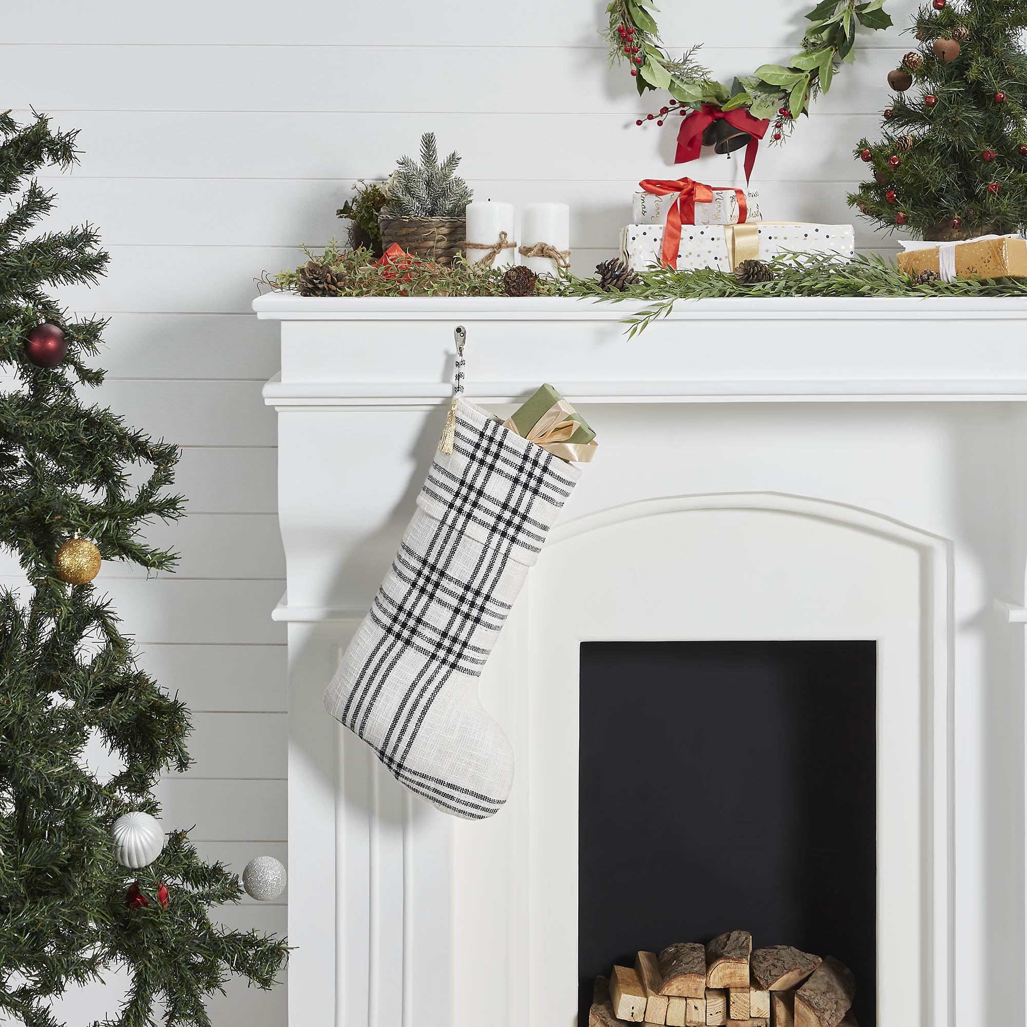 VHC Brands Christmas Stocking - Woven Plaid Holiday Decor for Farmhouse, Tree, Mantel - Black, White, Pine Green Gingham Pattern - Perfect for Fireplace, Gift Giving & Festive Home Decor