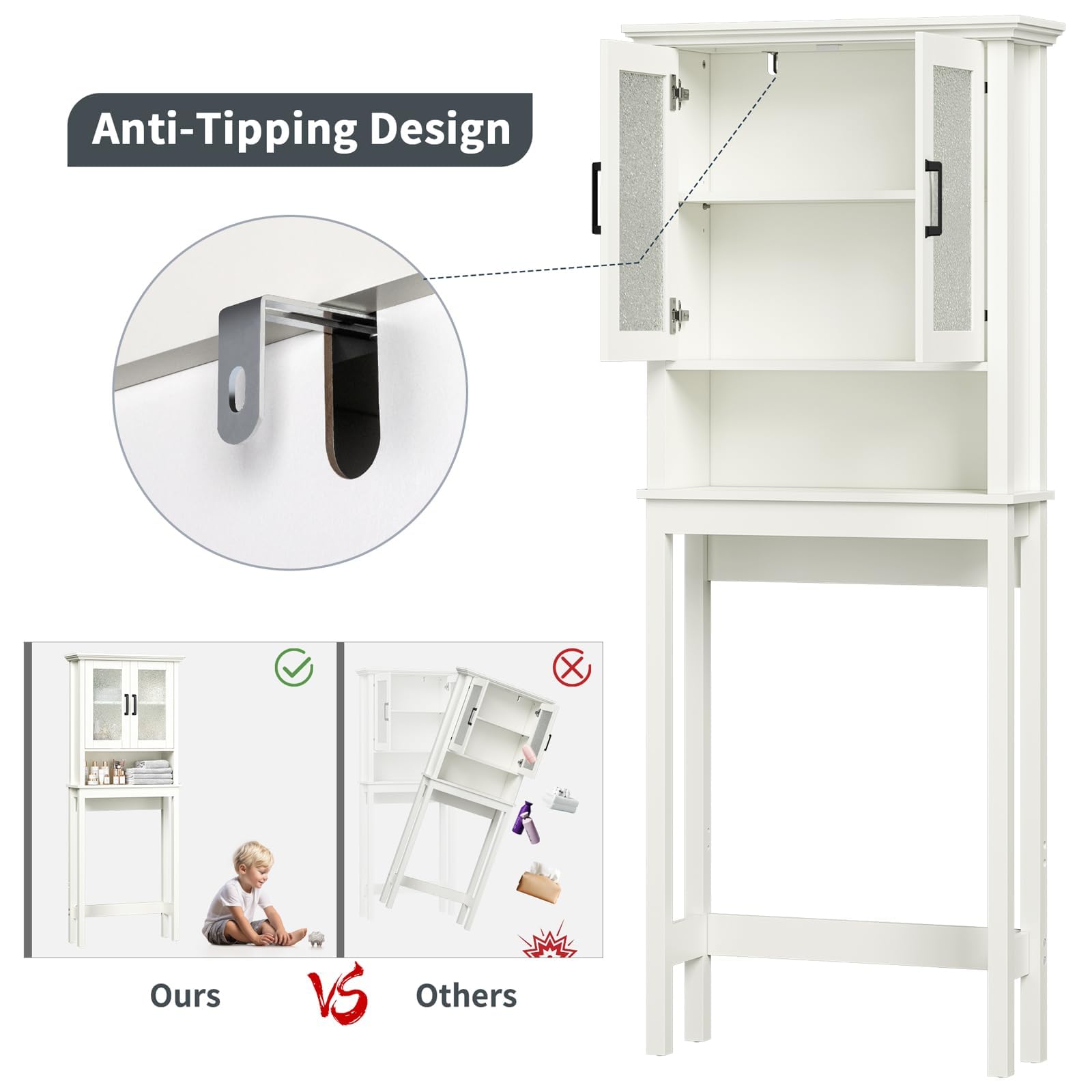 Over The Toilet Storage Cabinet with Doors & Adjustable Shelf - Thick Frame Bathroom Organizer for Above/Behind Toilet - Cream White - Perfect for Small Bathrooms, Apartments & Space-Saving Storage