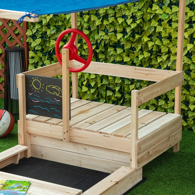 Kids Wooden Sandbox with Canopy Shade & Blackboard - Foldable Outdoor Play Station for Children, Includes Flag & Bottom Liner - Perfect for Backyard, Garden & Beach Playtime