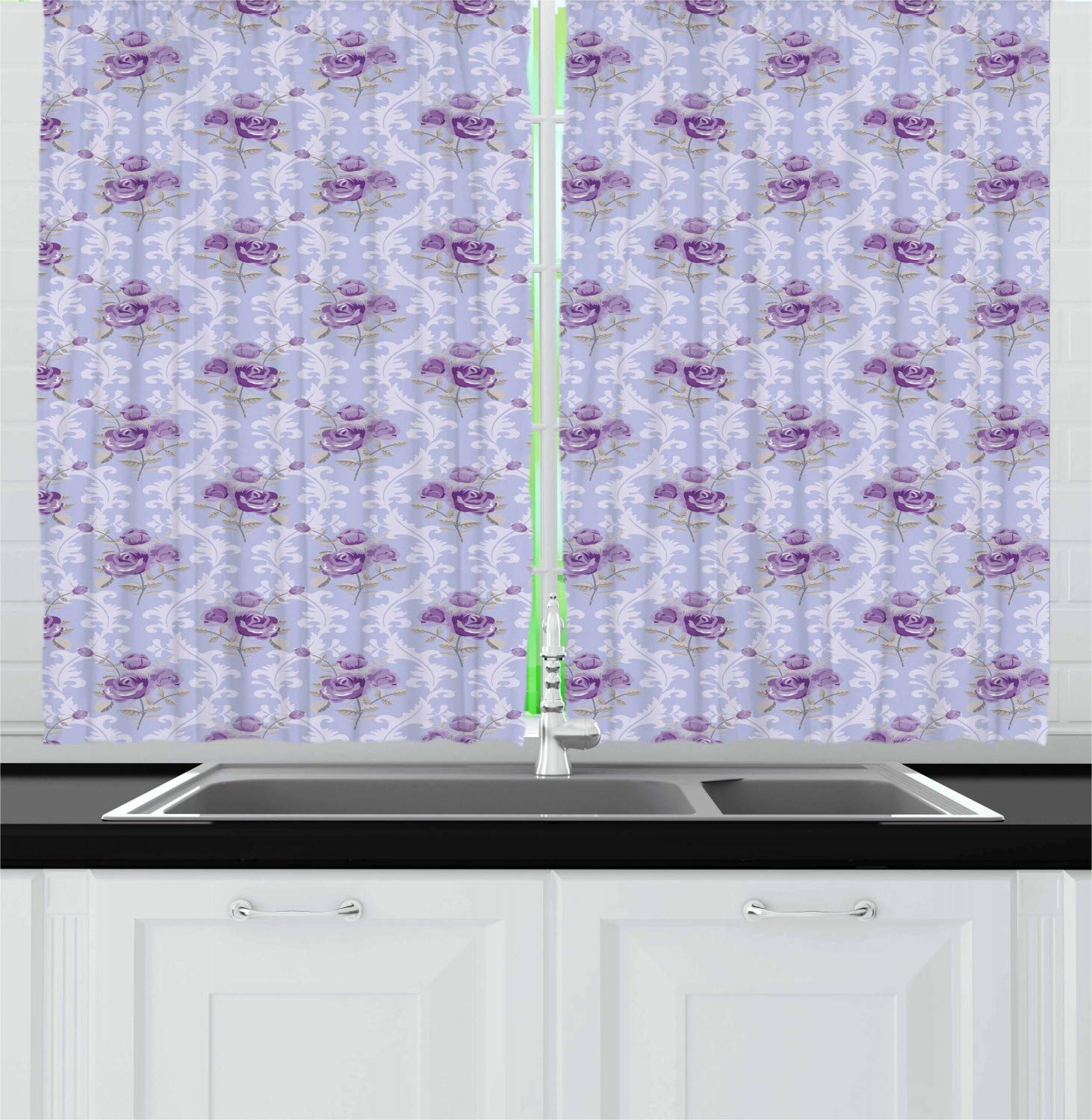 Vintage Kitchen Curtains Set of 2 Panels - Old Fashioned Antique Wavy Lines & Rose Posies Design - 55