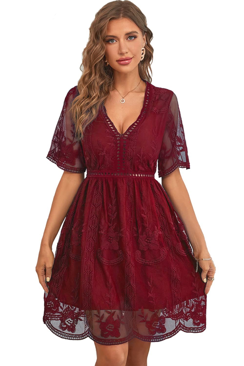 HOYISHION Women's V-Neck Lace Mini Dress - Short Sleeve Floral Embroidered Cocktail Dress for Wedding Guest, Party, Date Night & Special Occasions
