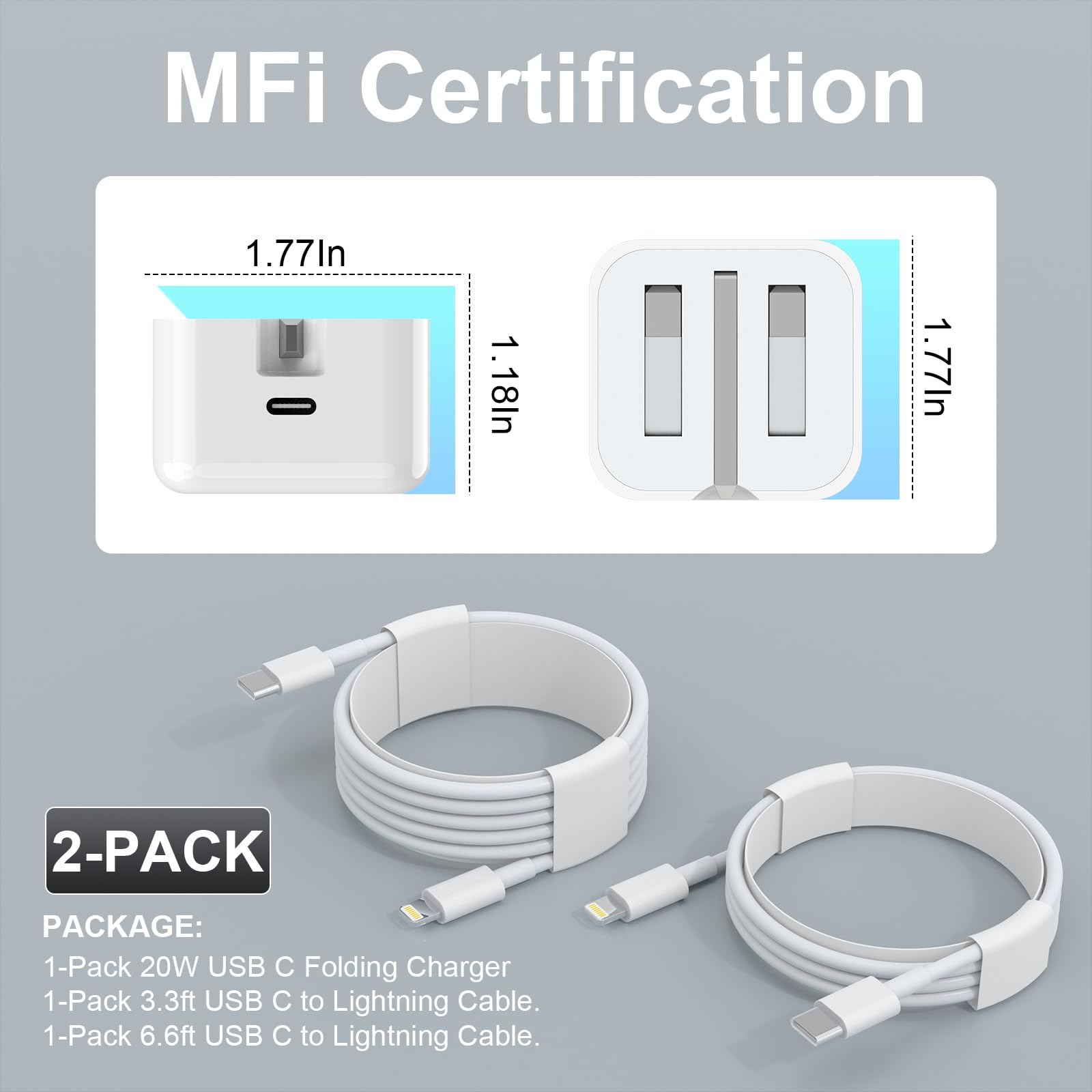 Apple MFi Certified 20W USB C Fast Charger Plug with 1M+2M Cables (2 Pack) - Fast Charging for iPhone 14/13/12/11 Pro/Pro Max/XS/XR/8 & iPad - Foldable Design for Travel & Home Use