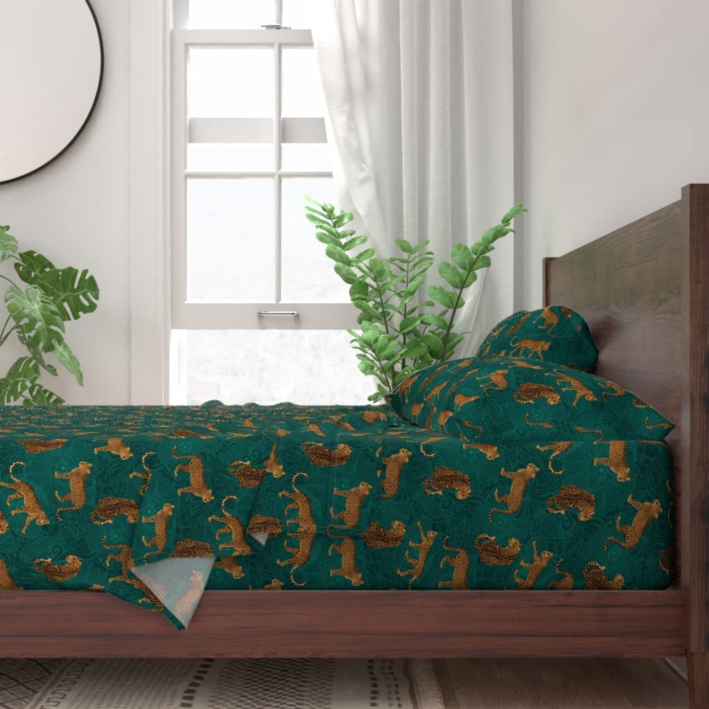 Spoonflower 100% Cotton Twin 3-Piece Sheet Set - Small Scale Leopard Cheetah Animal Print Jungle Green Custom Bedding | Soft & Breathable for Kids Room, Guest Bedroom or Dorm Decor