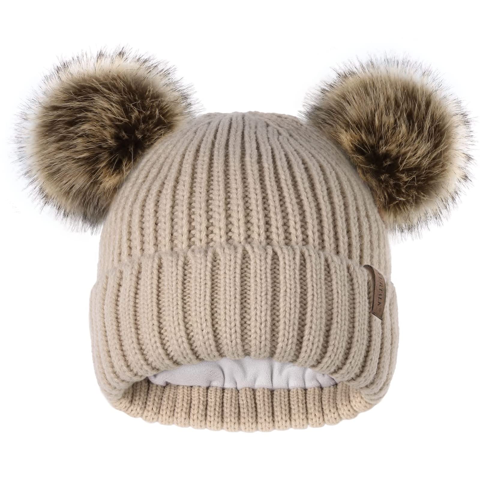 FURTALK Women's Fleece Lined Winter Beanie Hat - Warm Knit Hat with Double Faux Fur Pom Poms for Women & Girls - Perfect for Cold Weather, Snow Days & Outdoor Activities