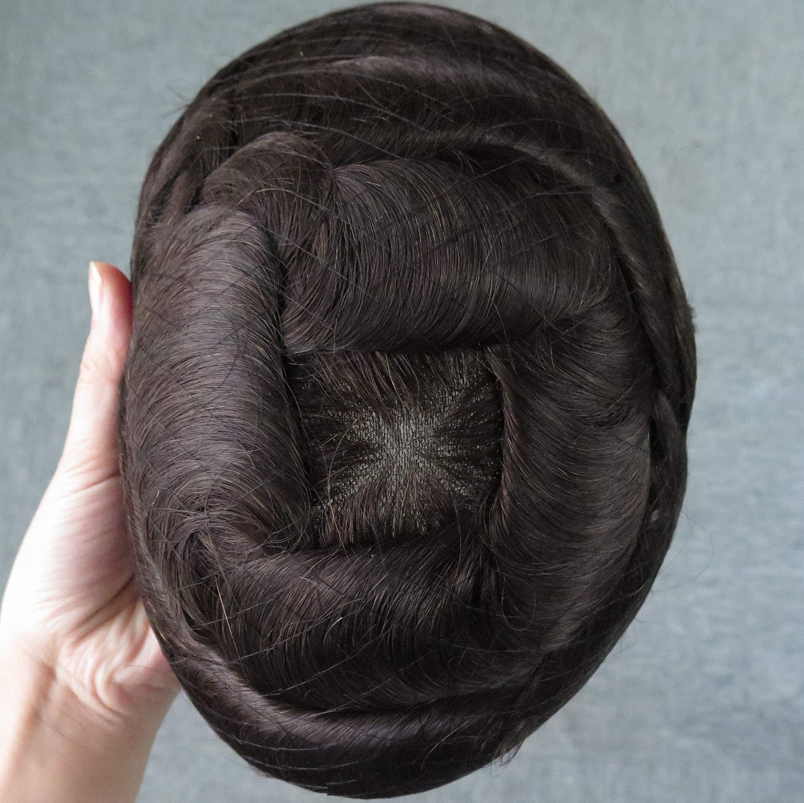 Men's Human Hair Replacement System - Real Poly Skin Toupee with Scalloped Front | Medium Density Dark Brown #2 Wig for Thinning Hair | Perfect for Daily Wear, Special Occasions & Confidence Boost