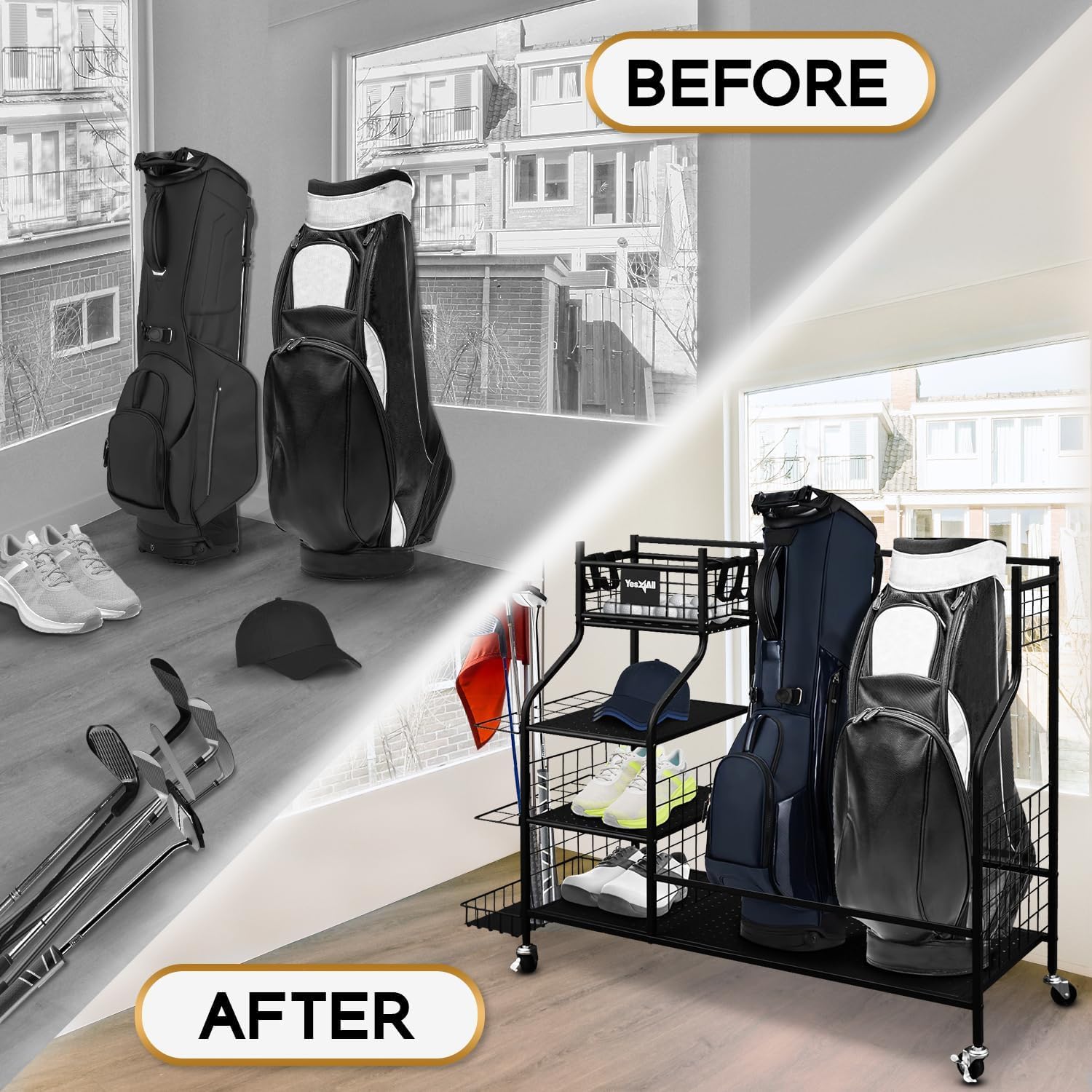 Yes4All Golf Storage Garage Organizer - Golf Bag Stand & Equipment Rack for Clubs | Heavy Duty Black Golf Gear Organizer | Perfect for Home, Garage & Club Storage