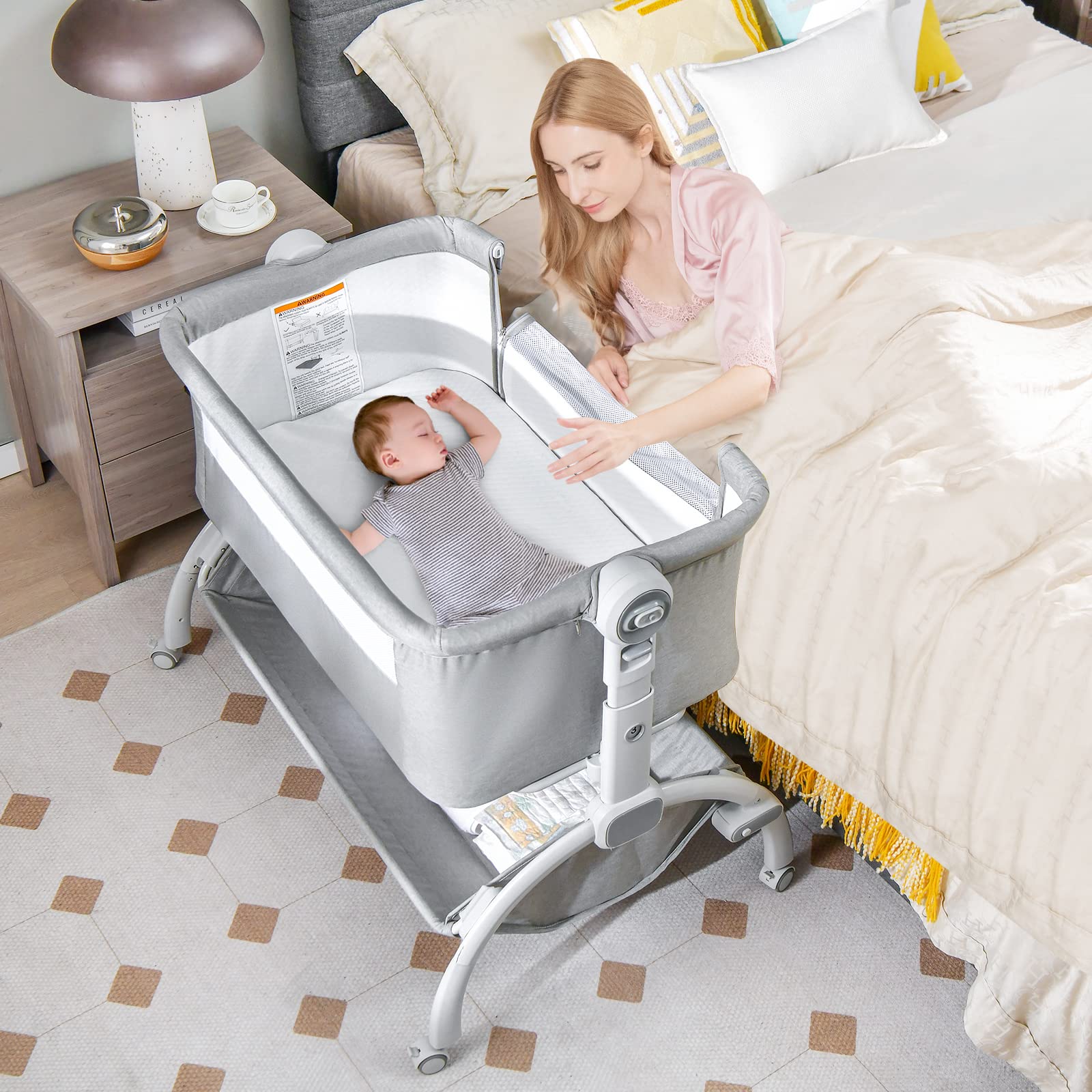 INFANS 3-in-1 Baby Bassinet & Bedside Sleeper with Adjustable Height - Portable Rocking Cradle, Folding Co-Sleeping Crib with Wheels, Storage Basket & Travel Bag for Newborns & Infants (Gray) - Perfect for Nursery, Bedroom & Travel Use