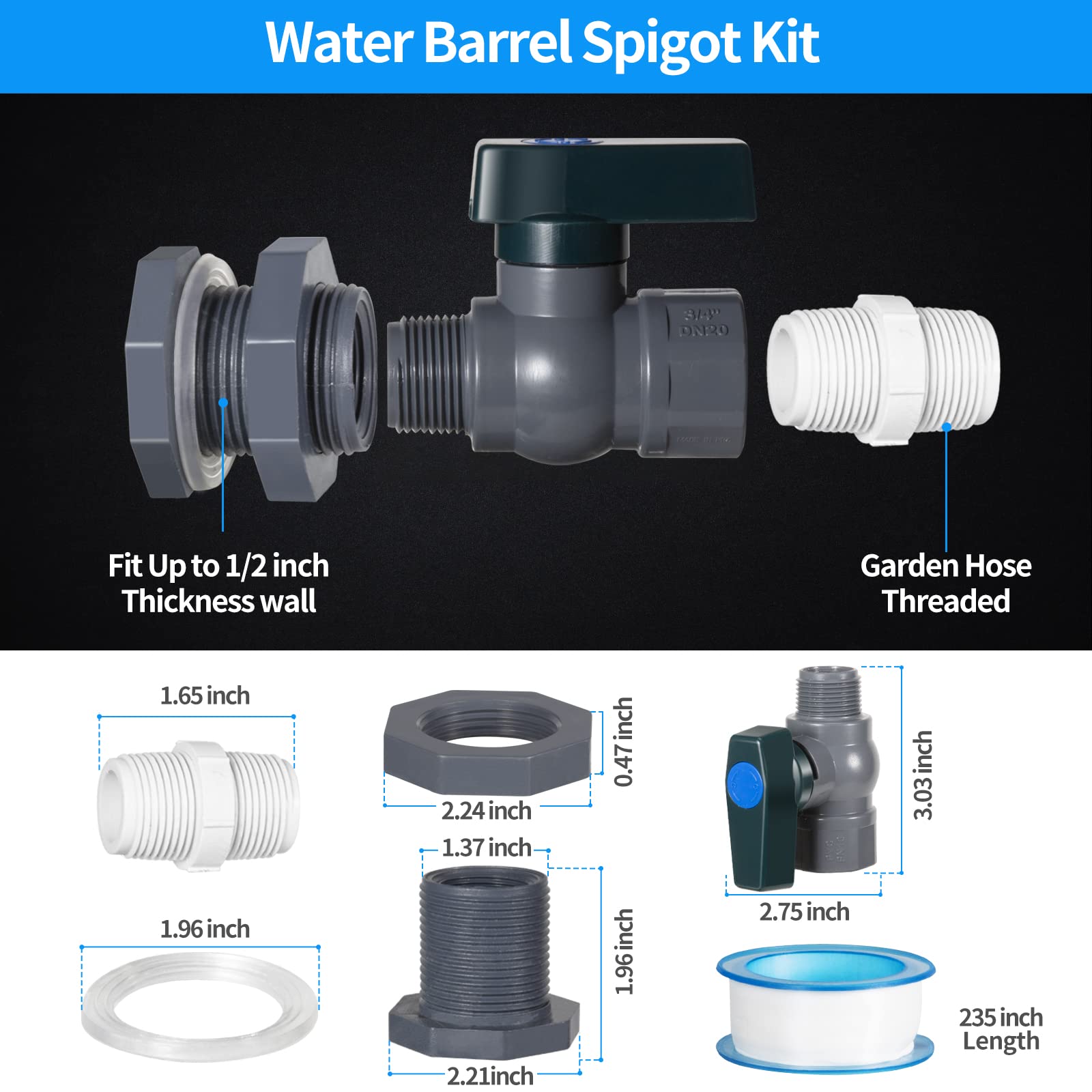 Rain Barrel Spigot Kit - PVC Water Barrel Diverter with Bulkhead Fitting, Hose Faucet Adapter & Thread Seal Tape | Perfect for Water Tanks, Aquariums, Bathtubs, Pools & Garden Barrels | Outdoor Water Conservation & Irrigation Solution
