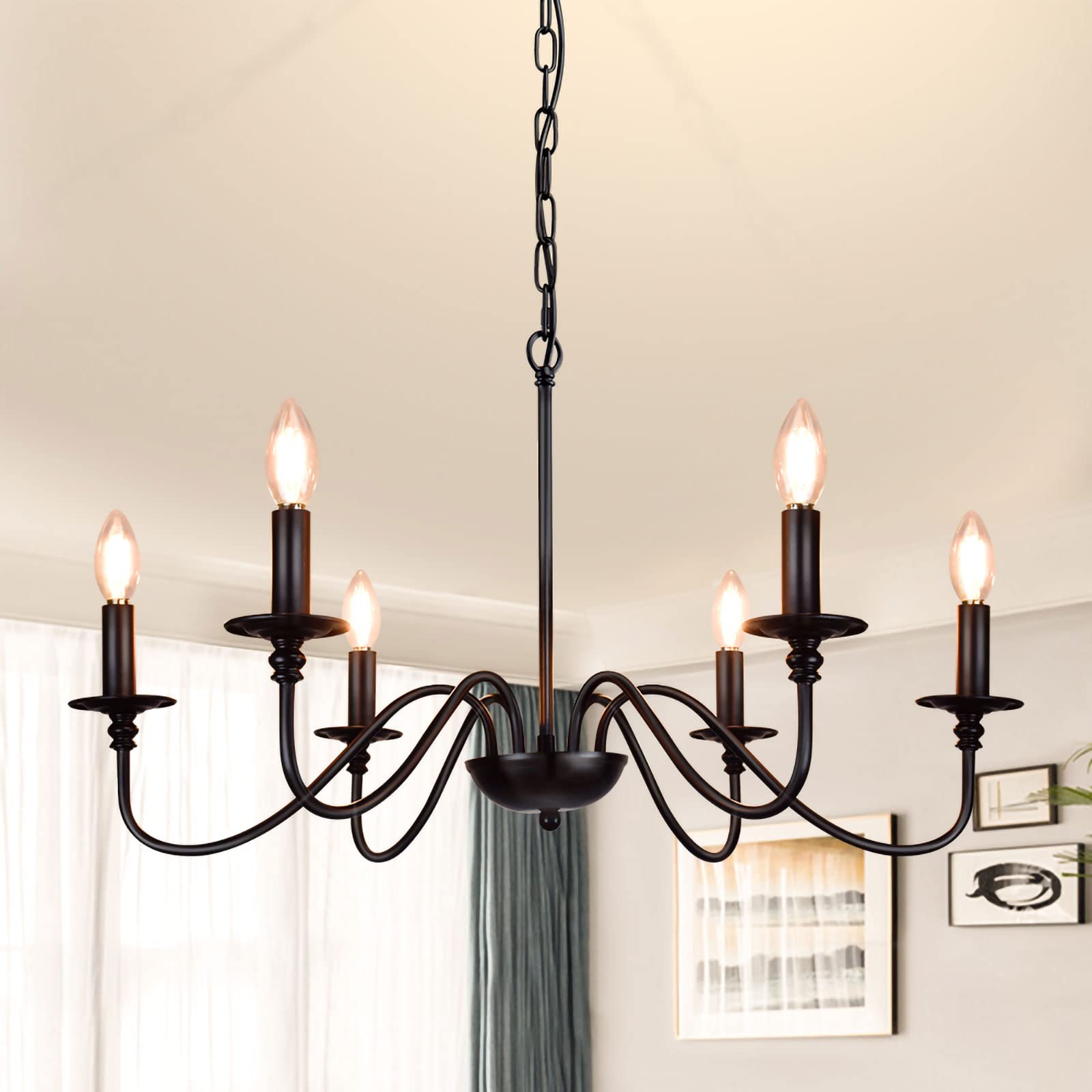 Vintage 6-Light Farmhouse Chandelier - Black Iron Industrial Ceiling Pendant Light with E12 Bulb Base - Perfect for Kitchen Island, Dining Room, Living Room, Foyer & Hallway Lighting Decor